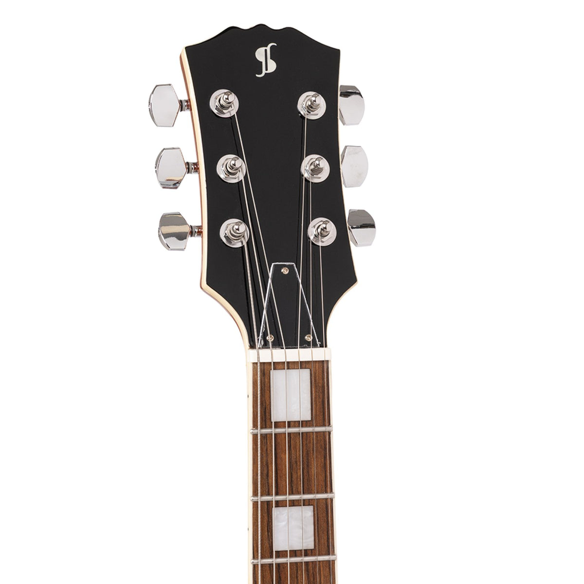Front of the Stagg SEL-STD black headstock with chrome die-cast tuners