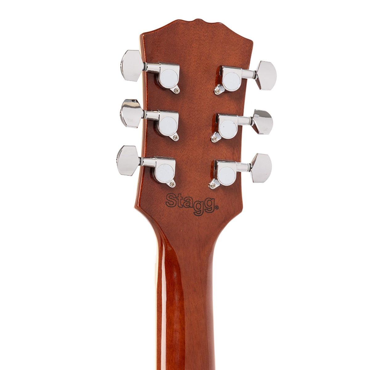 Back of the Stagg SEL-STD headstock showing the Stagg logo and chrome tuners