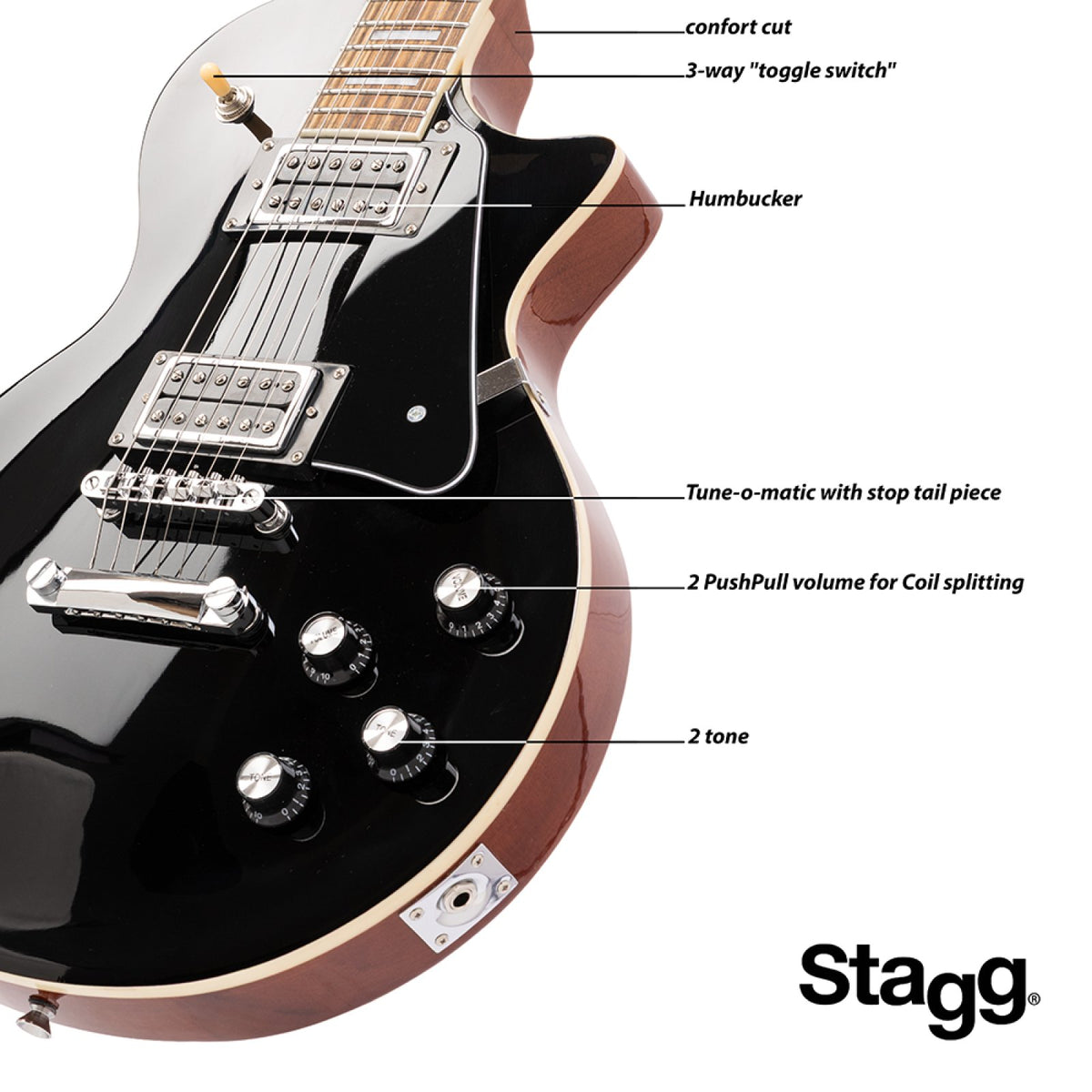 Stagg SEL-STD black with labels for comfort cut, toggle switch, humbucker, tune-o-matic bridge and tone controls
