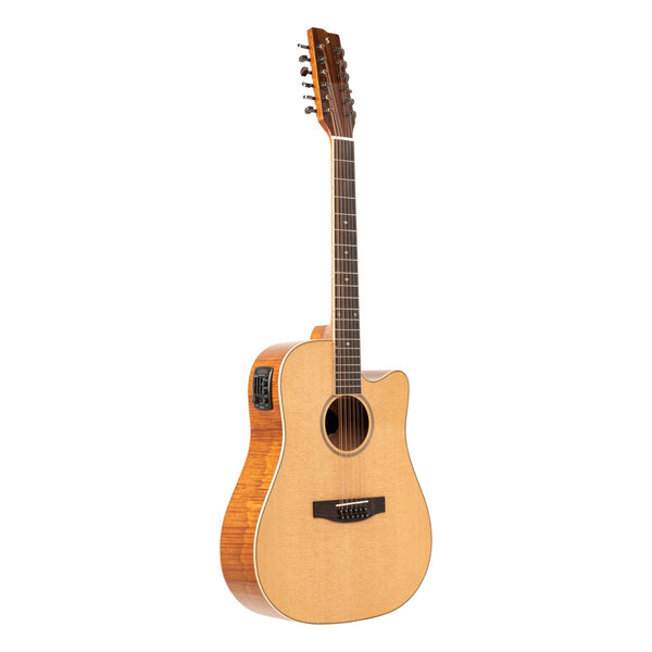 Stagg SA45 DCE-FM/12 12-string acoustic-electric dreadnought guitar, full body shown at an angle on white