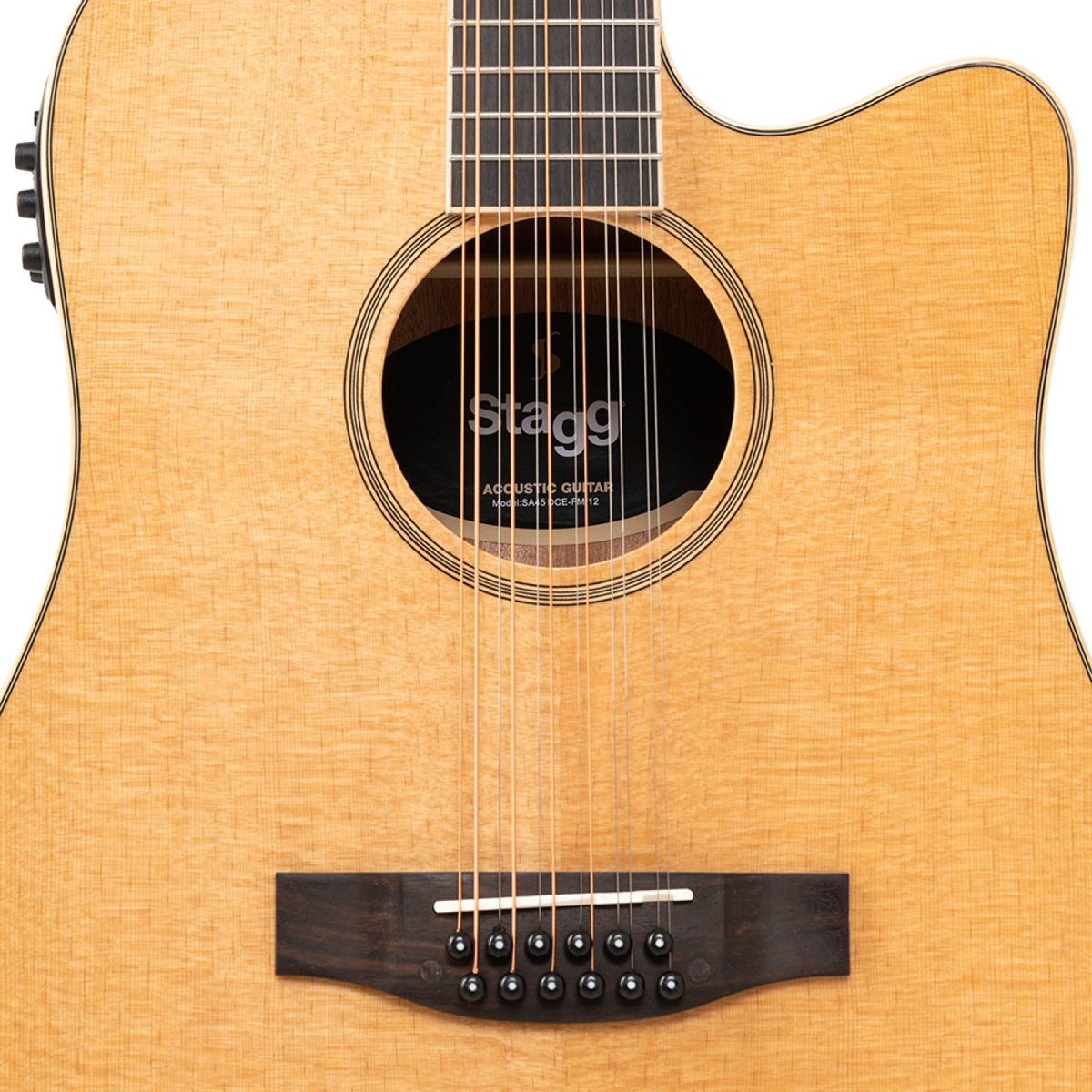 Spruce top, soundhole, cutaway and rosewood bridge of the Stagg SA45 DCE-FM/12