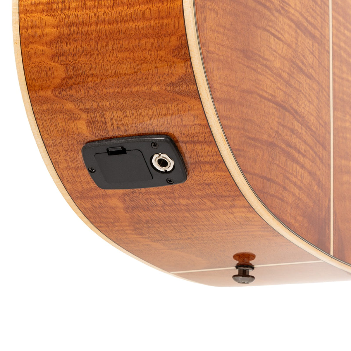 Endpin jack and flamed mahogany side of the Stagg SA45 DCE-FM/12