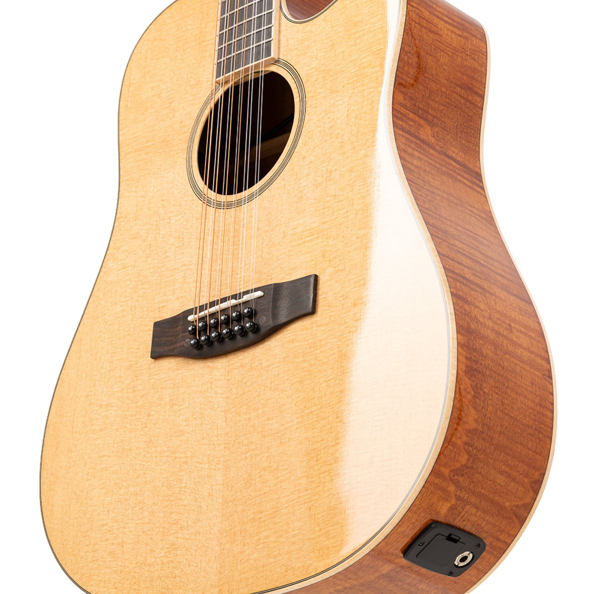 Stagg SA45 DCE-FM/12 12-string dreadnought body angled to show the spruce top and rosewood bridge