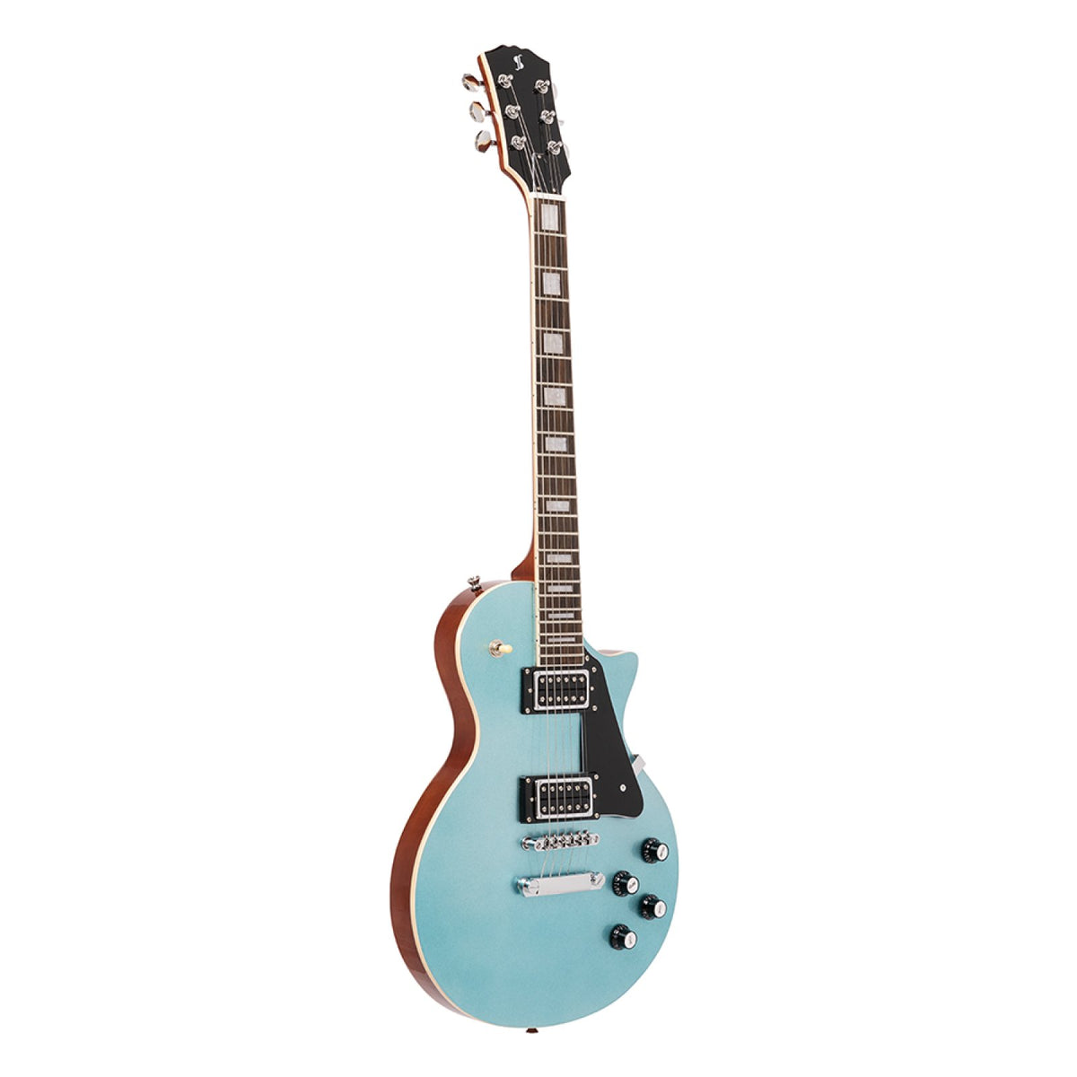 Stagg SEL-STD Shoreline blue electric guitar, full body shown at an angle on white