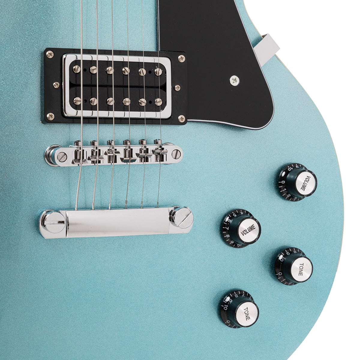 Close-up of the humbucker, tune-o-matic bridge, stop tailpiece and control knobs on the Shoreline blue Stagg SEL-STD