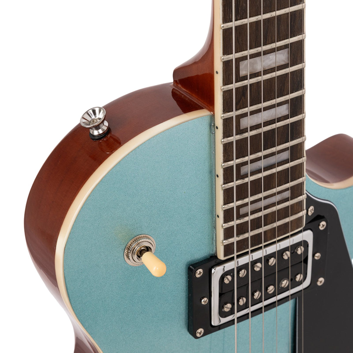 Neck joint, vintage white binding and 3-way toggle switch on the Shoreline blue Stagg SEL-STD