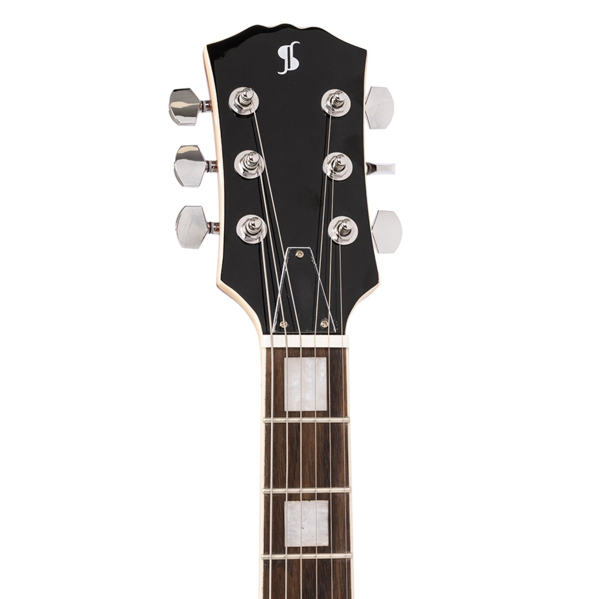 Front of the Stagg SEL-STD Shoreline blue headstock with chrome die-cast tuners