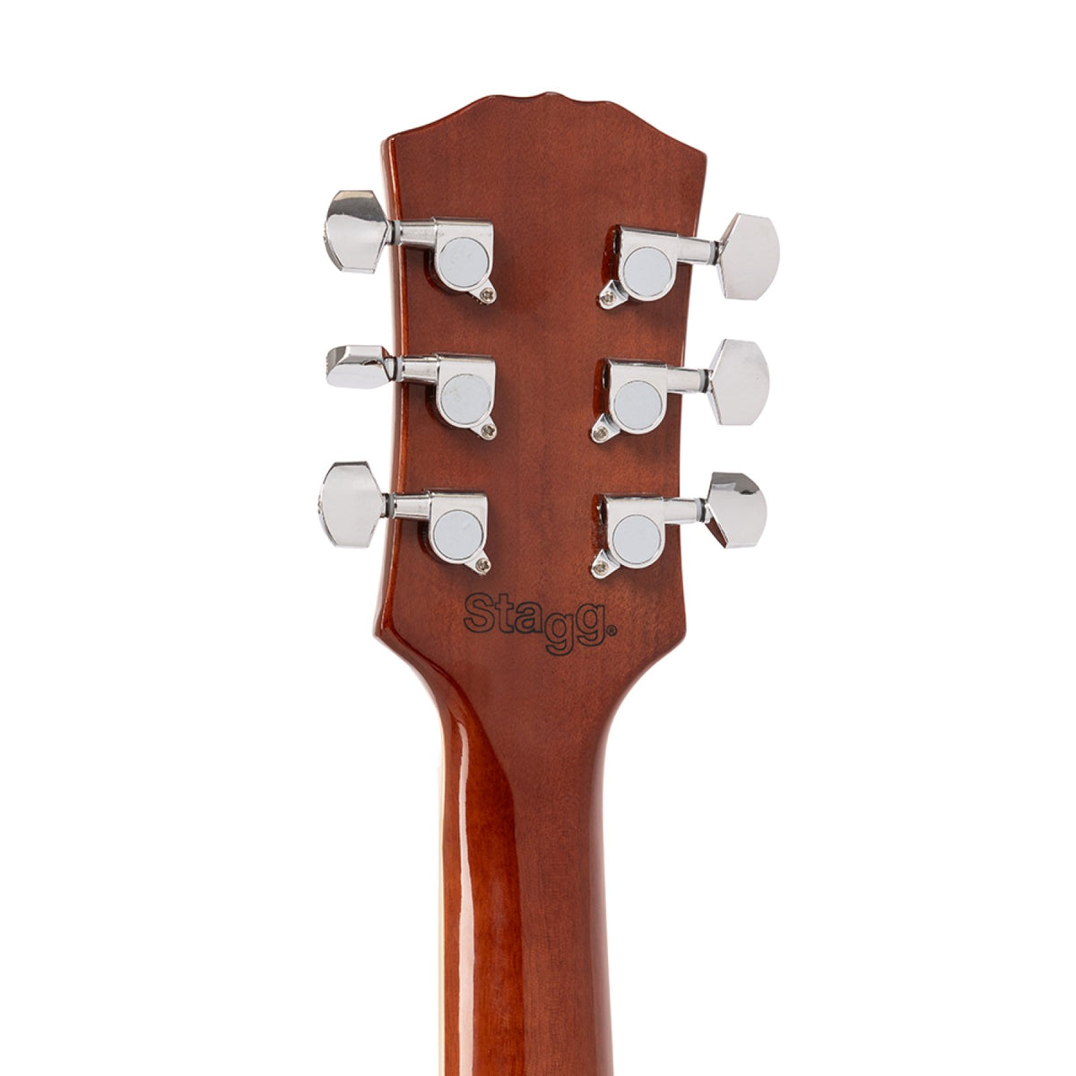 Back of the Stagg SEL-STD headstock showing the Stagg logo and chrome tuners