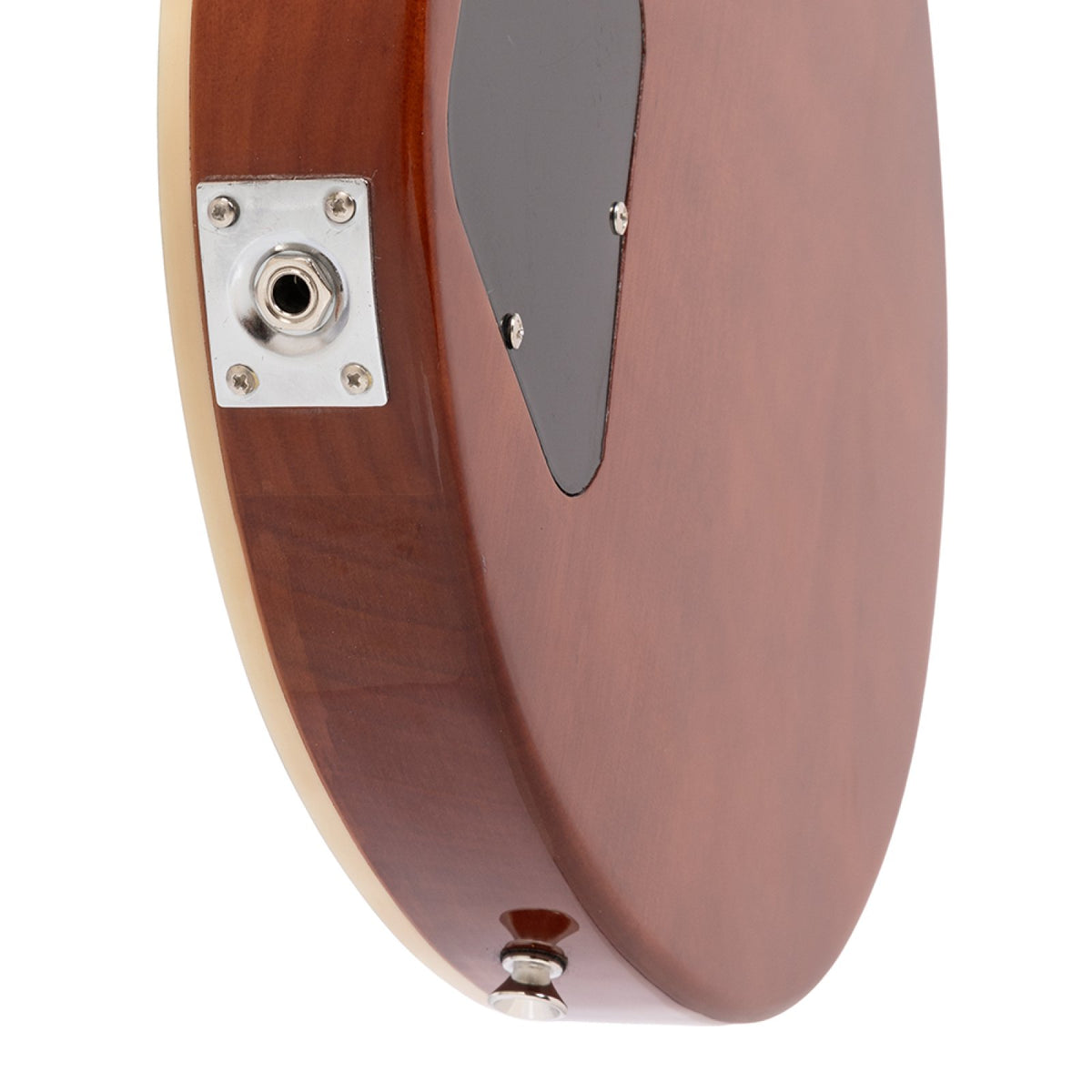 Output jack plate on the side of the Shoreline blue Stagg SEL-STD body