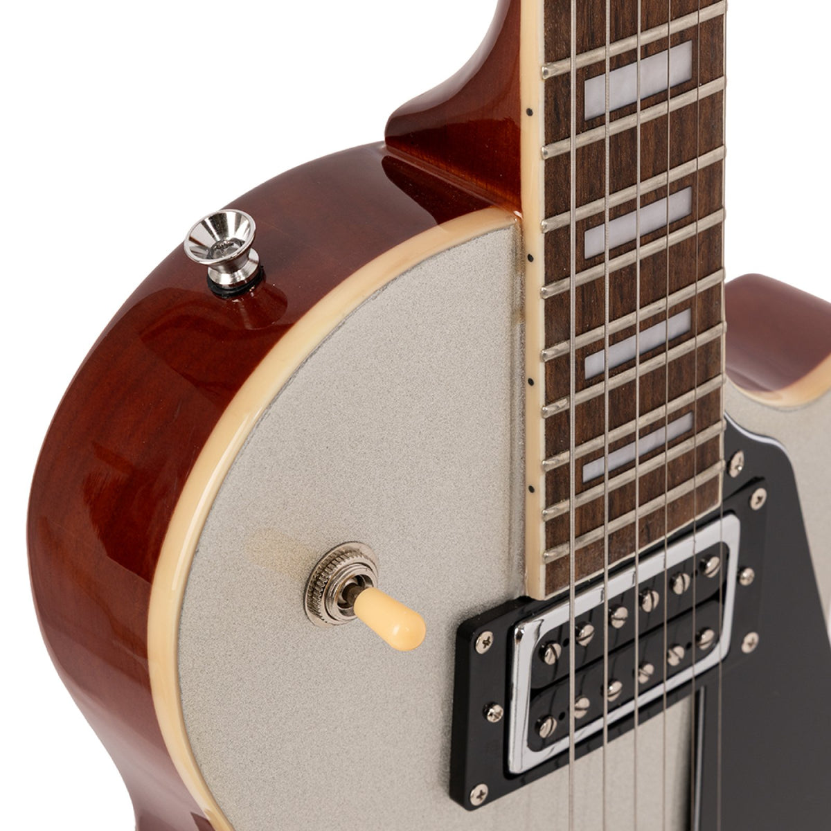 Neck joint, vintage white binding and 3-way toggle switch on the silver top Stagg SEL-STD