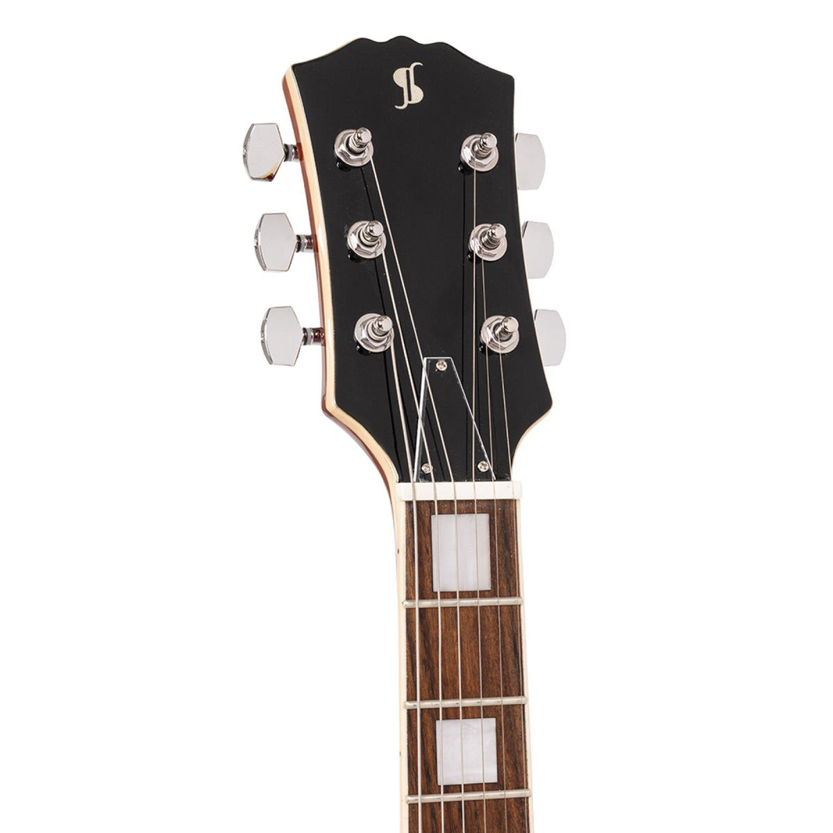 Front of the Stagg SEL-STD silver top headstock with chrome die-cast tuners