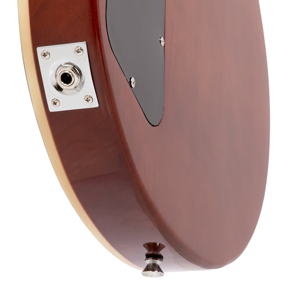 Output jack plate on the side of the silver top Stagg SEL-STD body