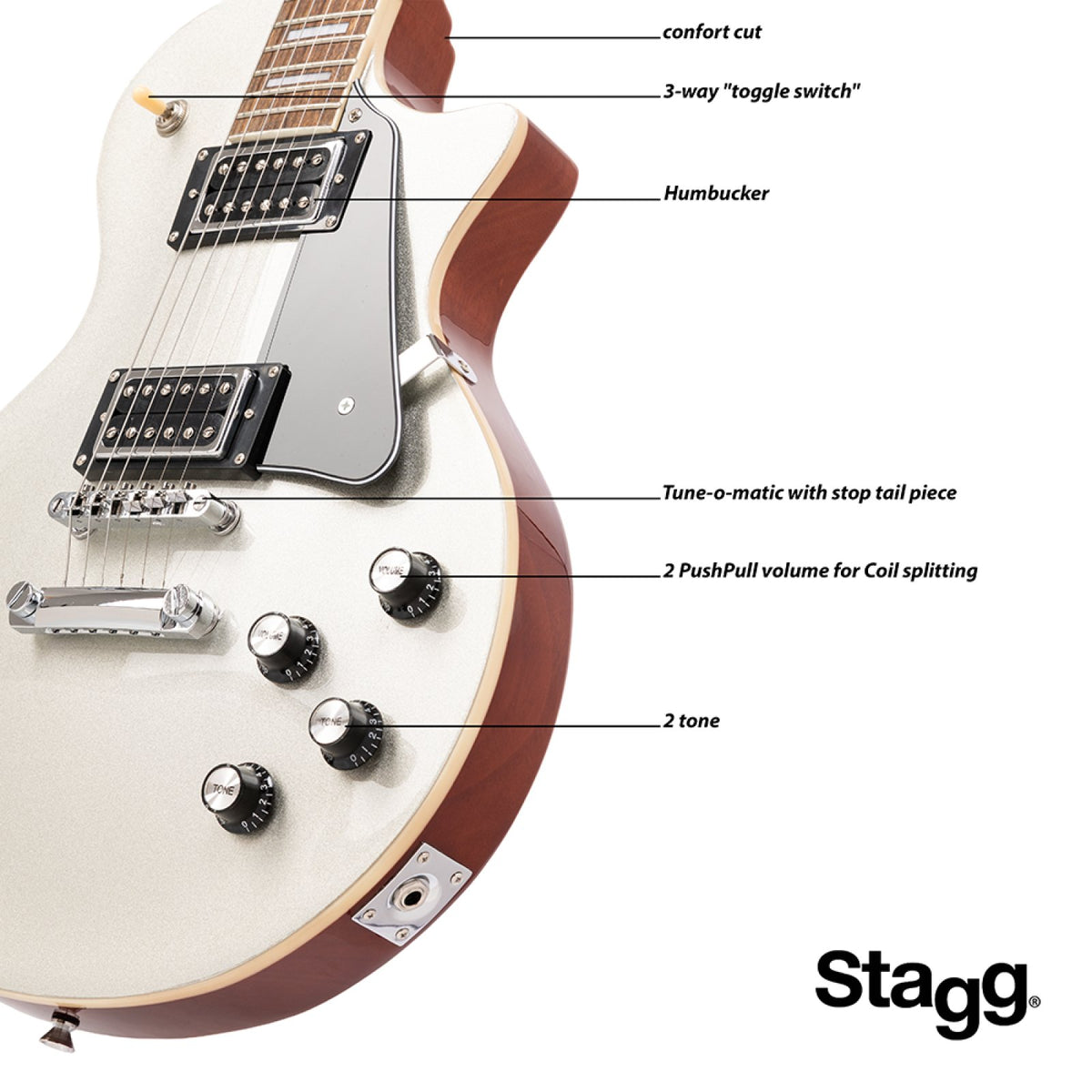 Stagg SEL-STD silver top with labels for comfort cut, toggle switch, humbucker, tune-o-matic bridge and tone controls