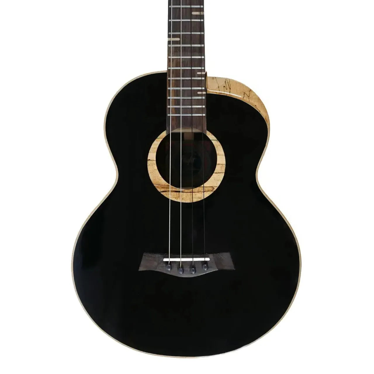 Flight 4SB Sammy Turton Baritone Ukulele with a black body, spalted maple rosette, and scalloped cutaway.
