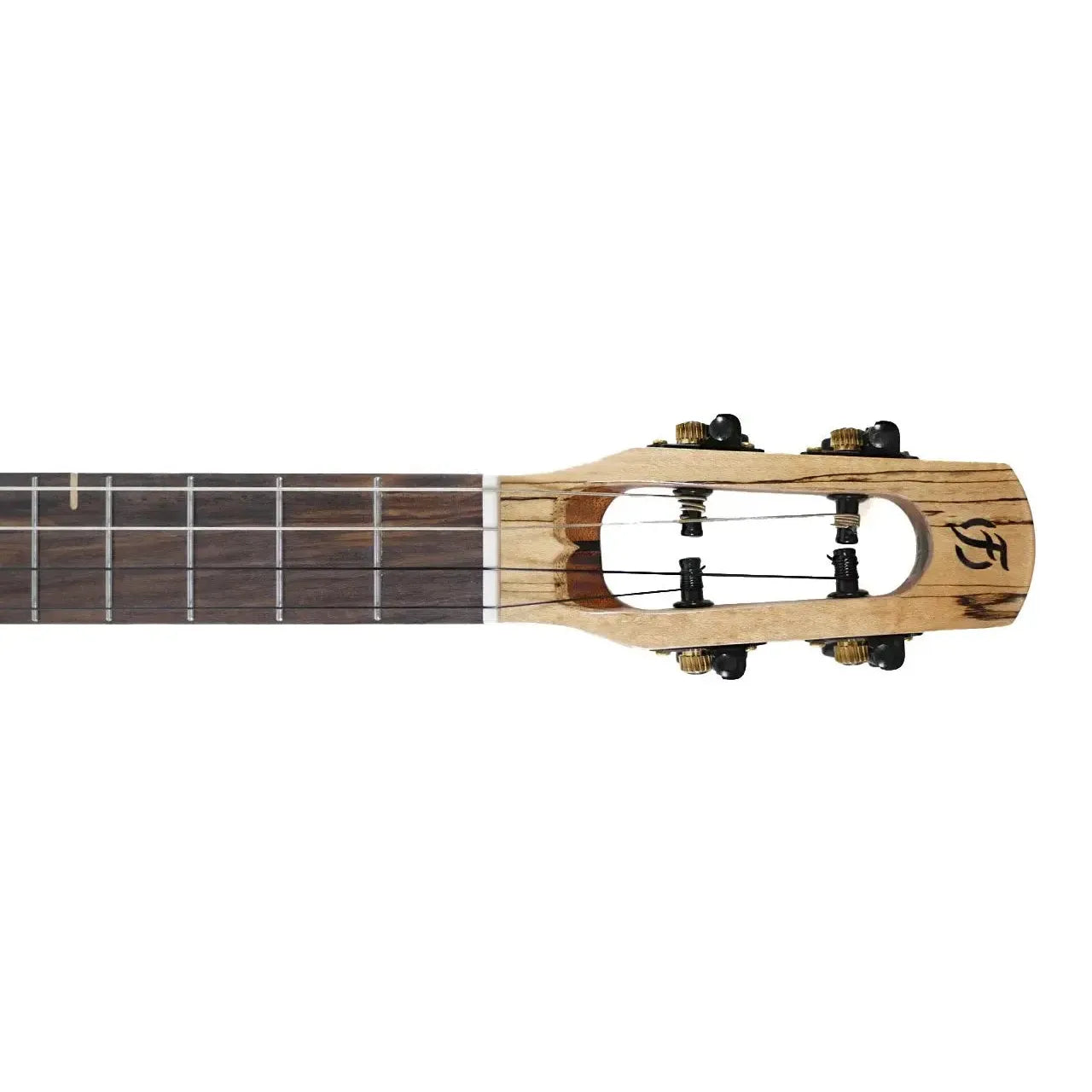 Flight 4SB Sammy Turton Baritone Ukulele headstock with spalted maple, black tuners, and rosewood fretboard.