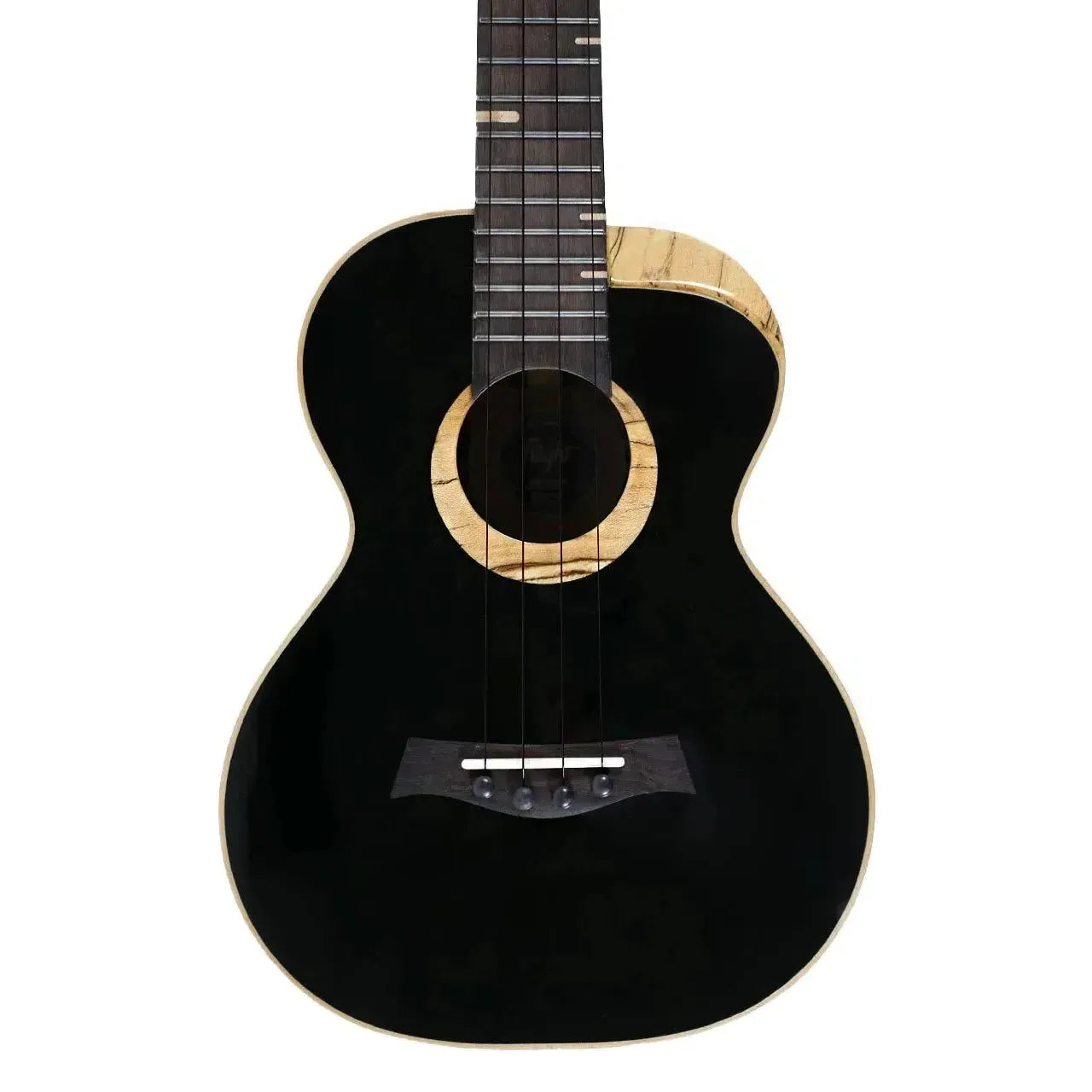 Flight 4SB Sammy Turton Tenor Ukulele with black body, spalted maple rosette, and light wood binding.