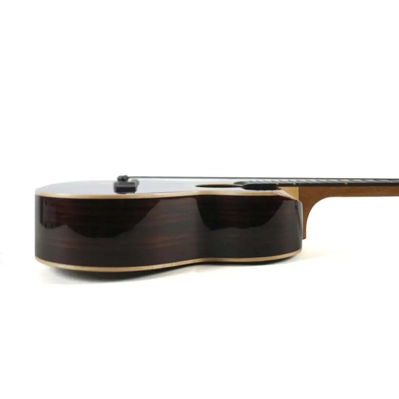 Flight 4SB Sammy Turton Signature Tenor Ukulele, side view showing dark rosewood body and light wood binding.