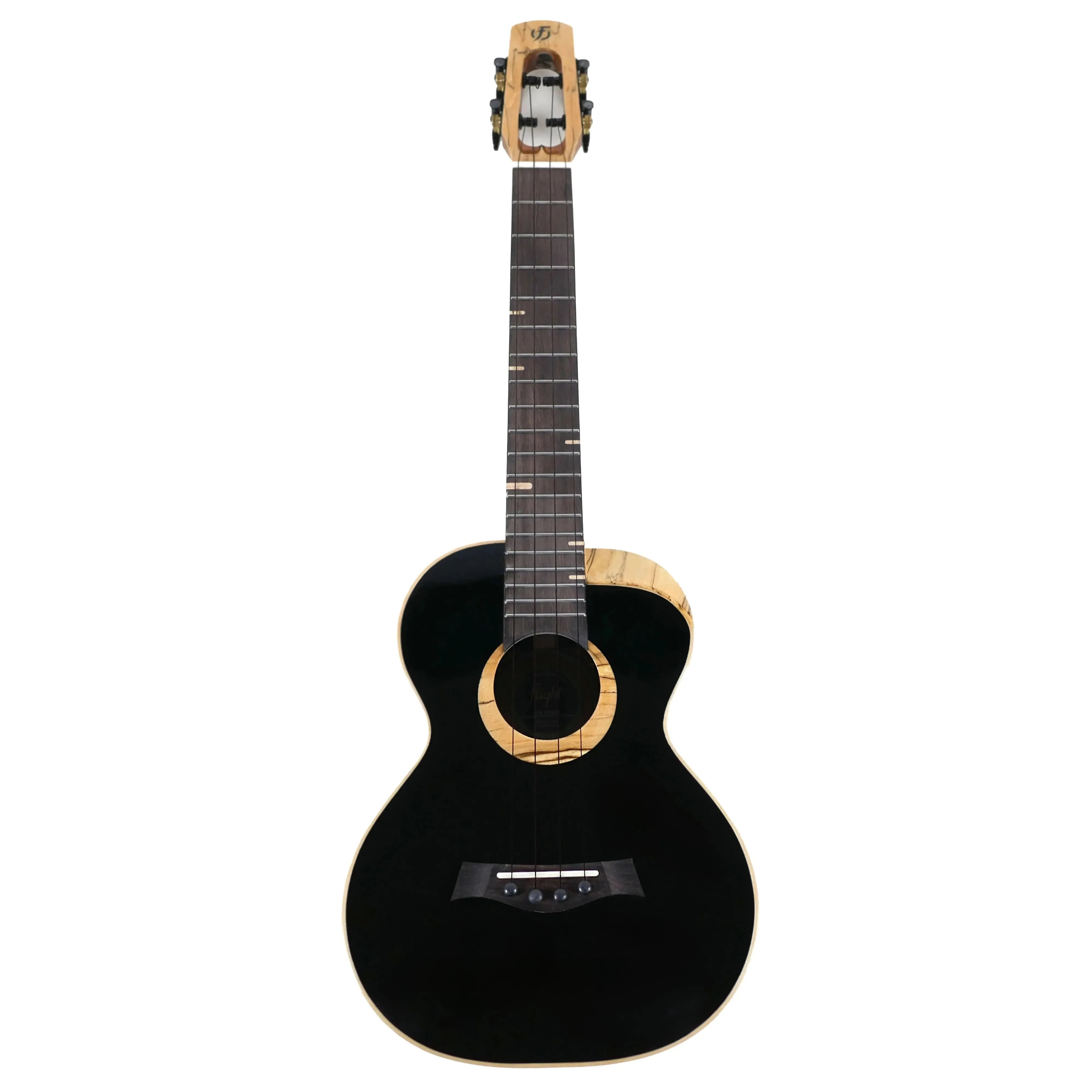 Flight 4SB Sammy Turton Signature Tenor Ukulele with black body, spalted maple rosette, and unique headstock.