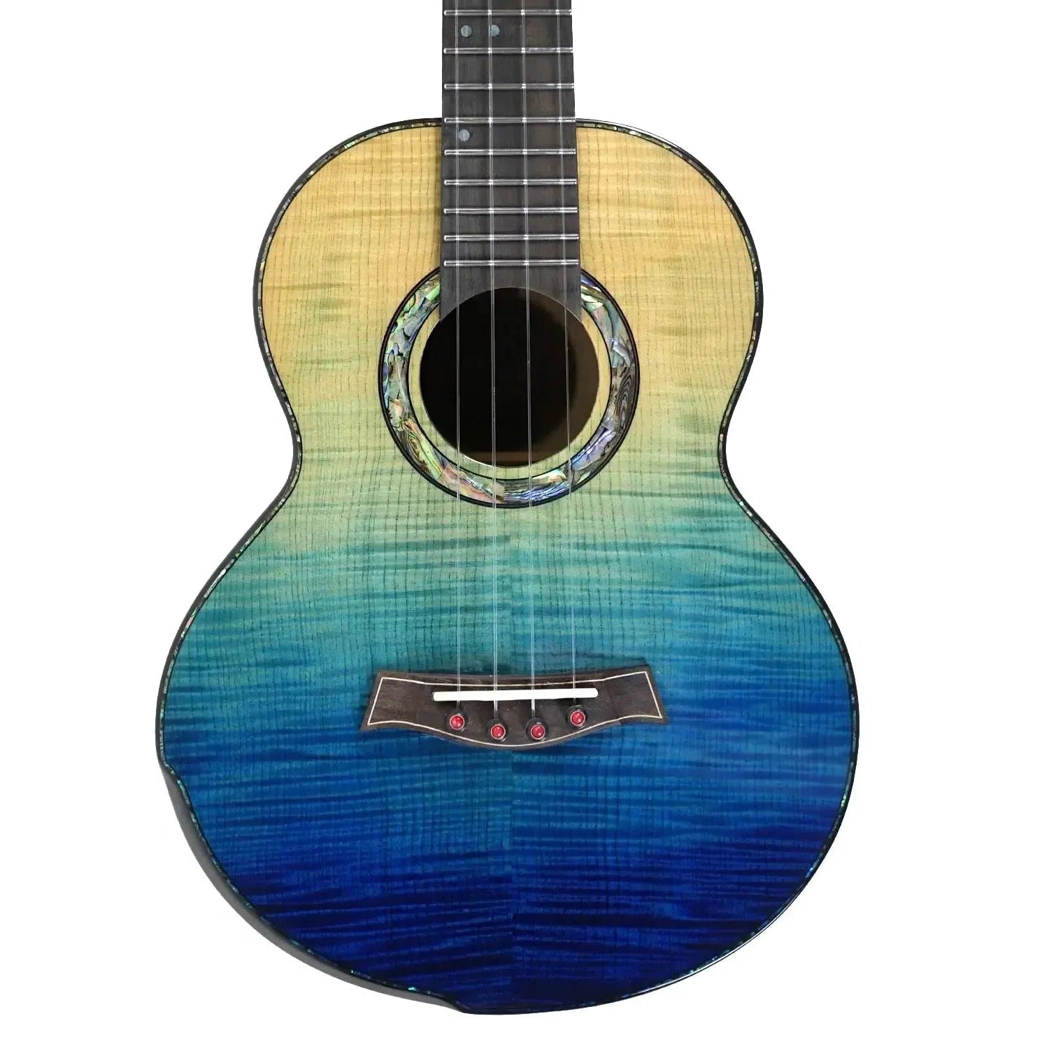 Flight A10 FM Faded Blue 10th Anniversary Tenor Ukulele with flamed maple and abalone rosette.