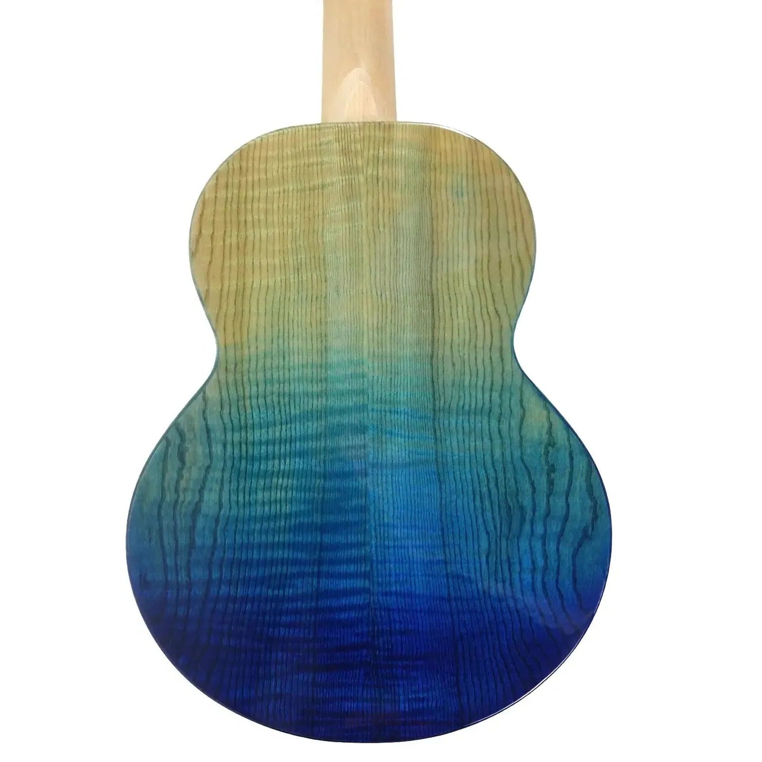 Back of Flight A10 FM Faded Blue 10th Anniversary Tenor Ukulele, showcasing flamed maple grain.