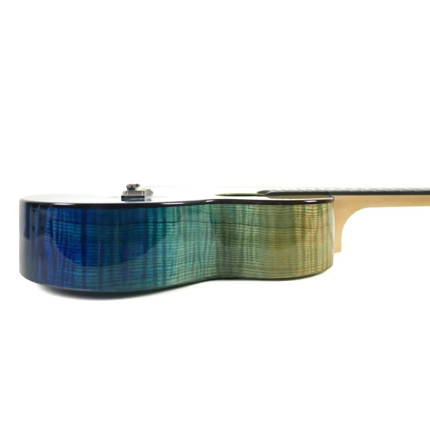 Flight A10 FM Faded Blue 10th Anniversary Tenor Ukulele side view, showing blue-green flamed maple body.