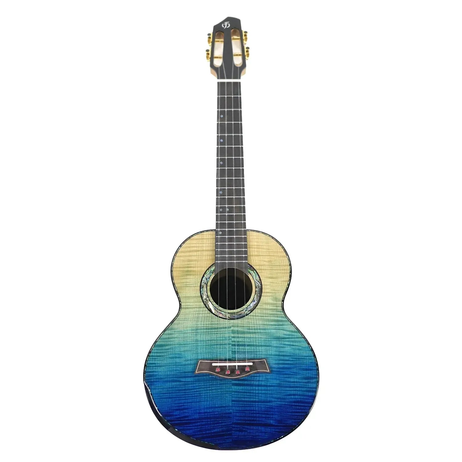 Flight A10 FM Faded Blue 10th Anniversary Tenor Ukulele with flamed maple body and abalone rosette.