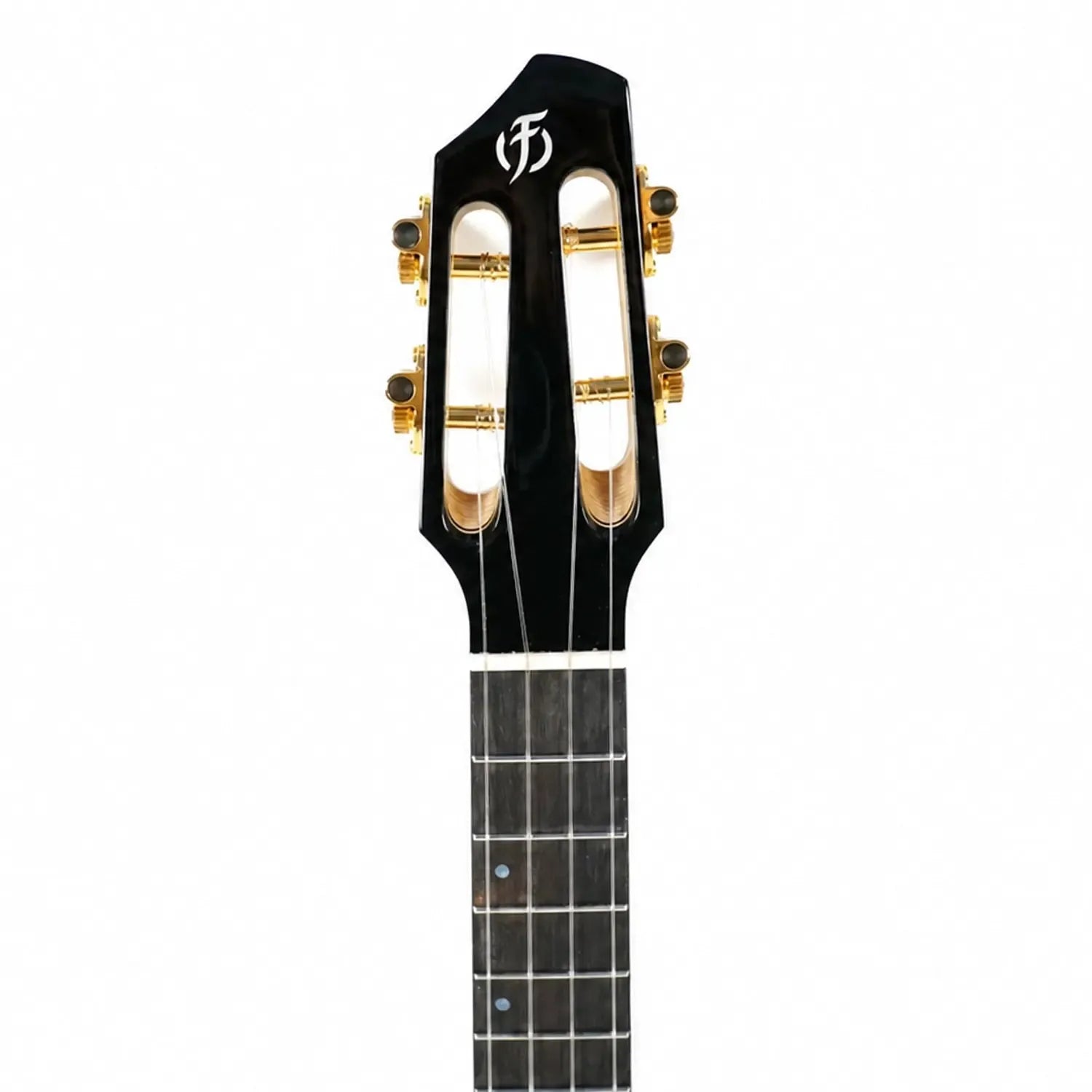 Flight A10 FM Tenor Ukulele headstock with black finish, slotted design, gold tuners, and white logo.