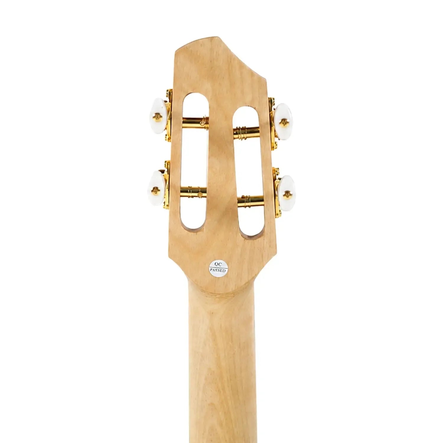 Back of Flight A10 FM Faded Blue Tenor Ukulele headstock with slotted design, light wood, and gold tuners.