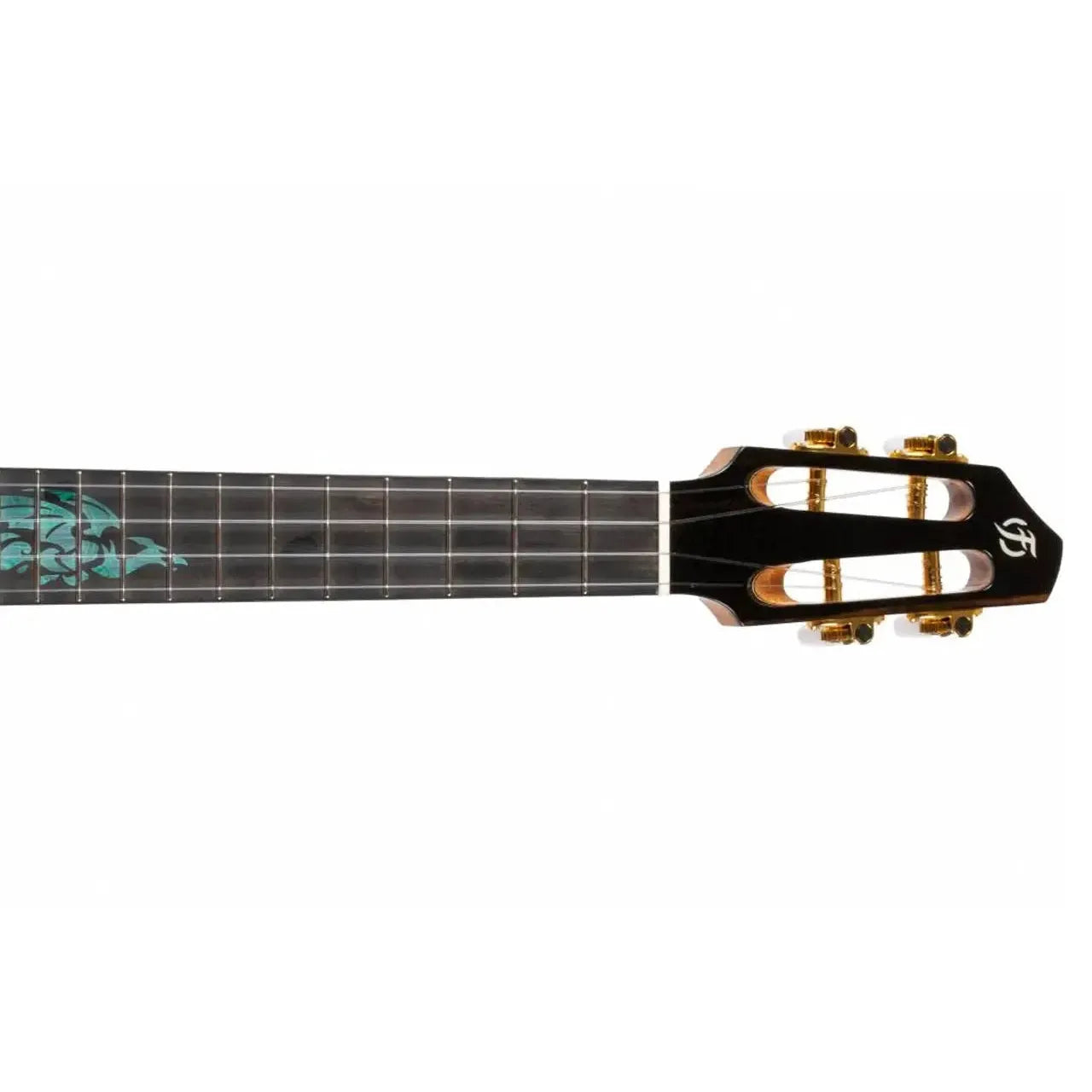 Flight A10 MM Mango Dragon 10th Anniversary Tenor Ukulele headstock and fretboard with green inlay.