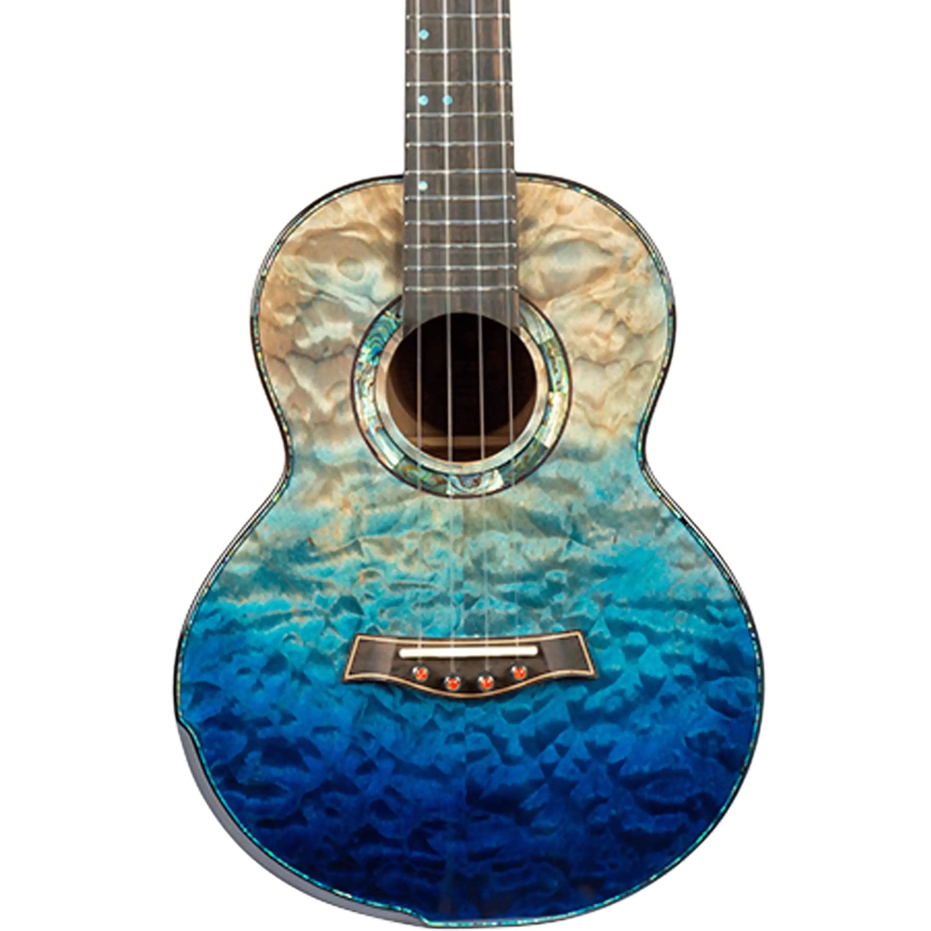 Flight A10 QM Faded Blue 10th Anniversary Tenor Ukulele with quilted maple body, abalone rosette, and ebony fretboard.