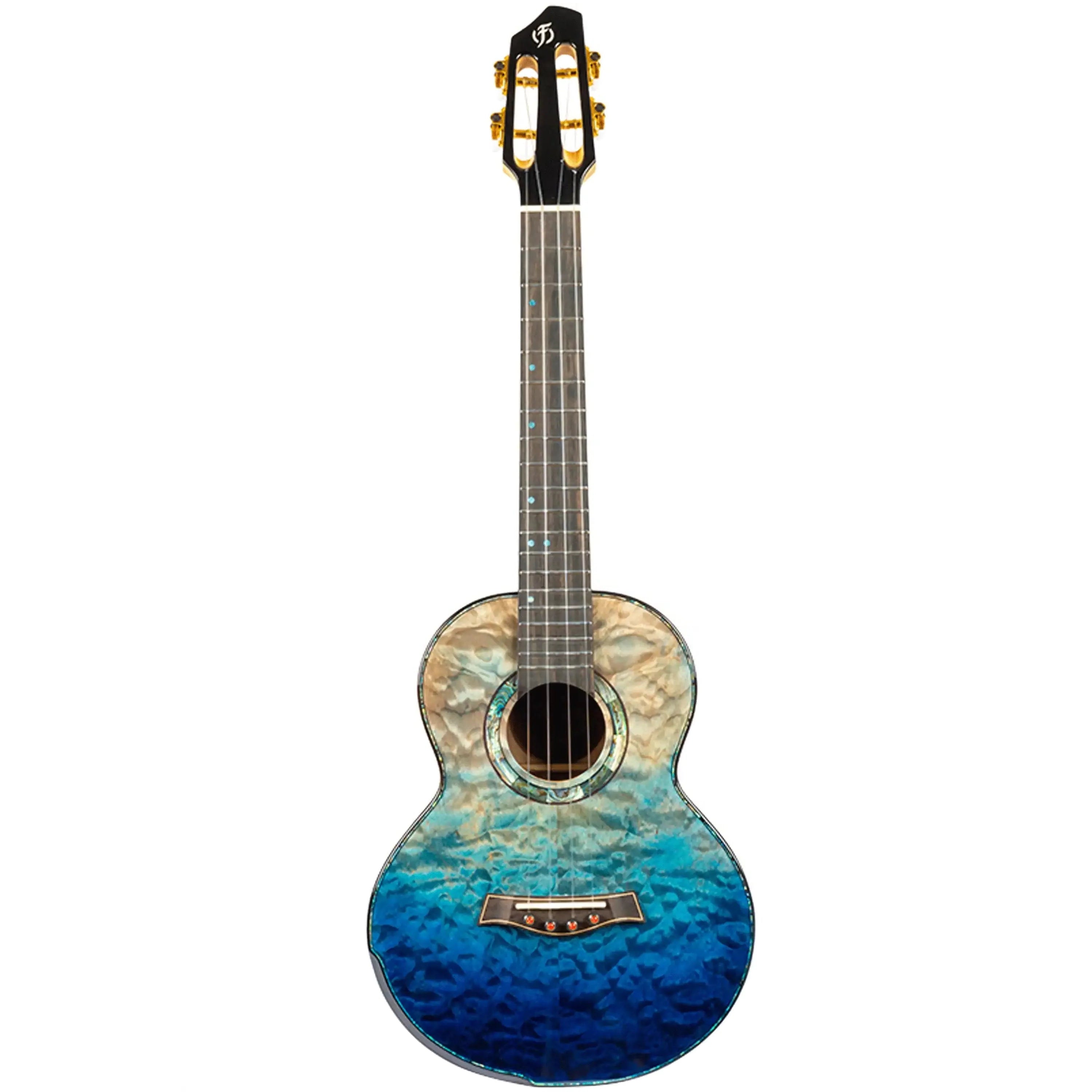 Flight A10 QM Faded Blue 10th Anniversary Tenor Ukulele with quilted maple body and slotted headstock.