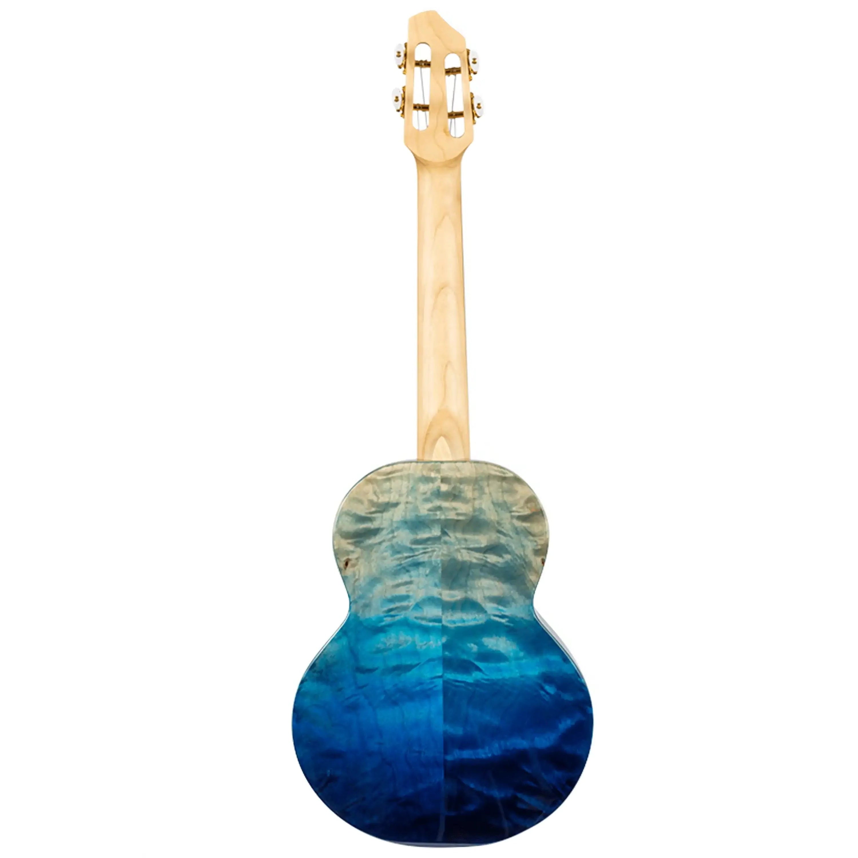 Flight A10 QM Faded Blue 10th Anniversary Tenor Ukulele, back view, showing quilted maple body.