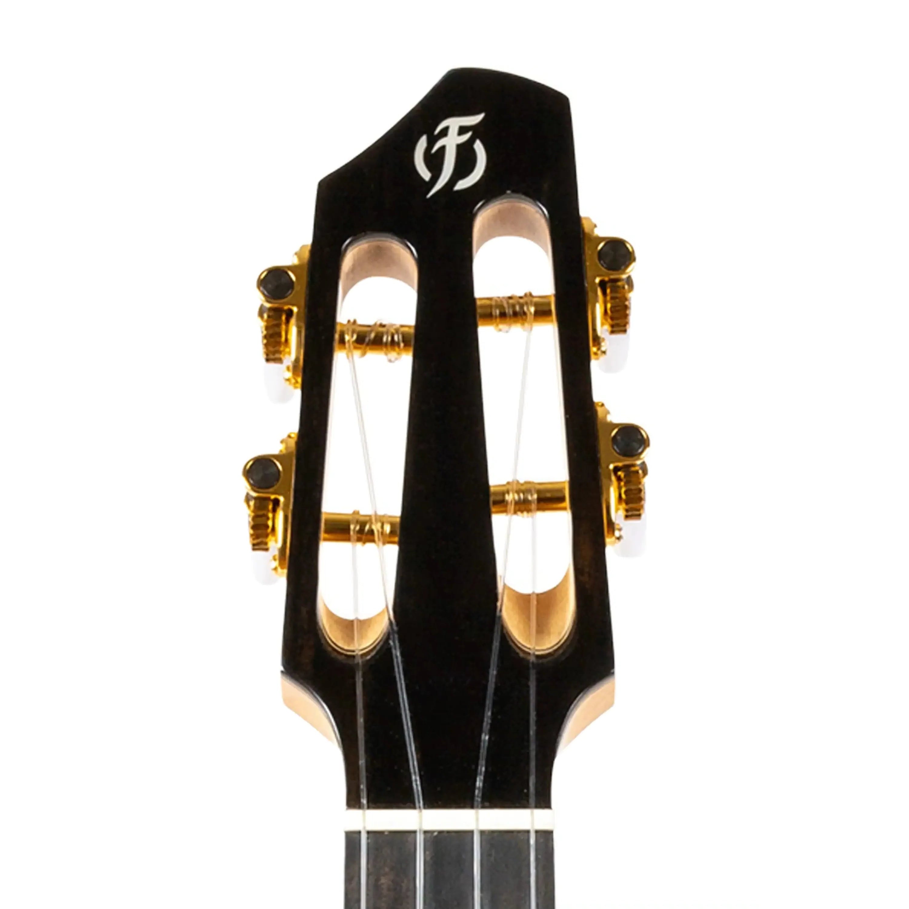 Flight A10 QM Faded Blue 10th Anniversary Tenor Ukulele slotted headstock with gold tuners.
