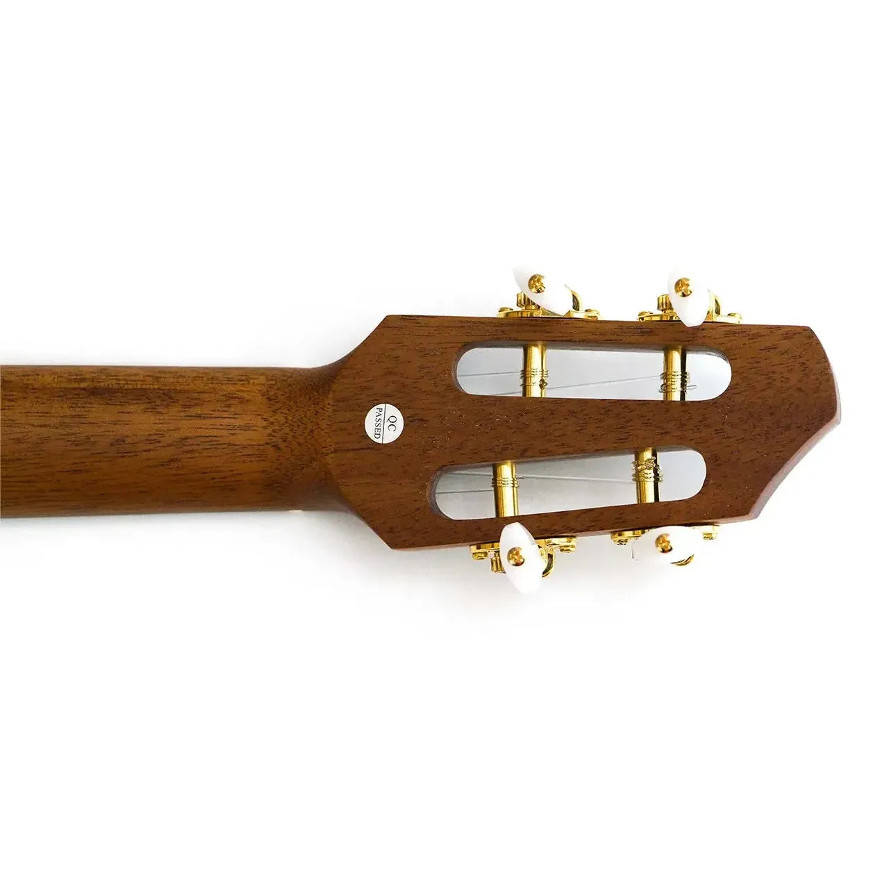 Flight A10 SC Tenor Ukulele mahogany neck with slotted headstock, gold tuners, and white buttons.