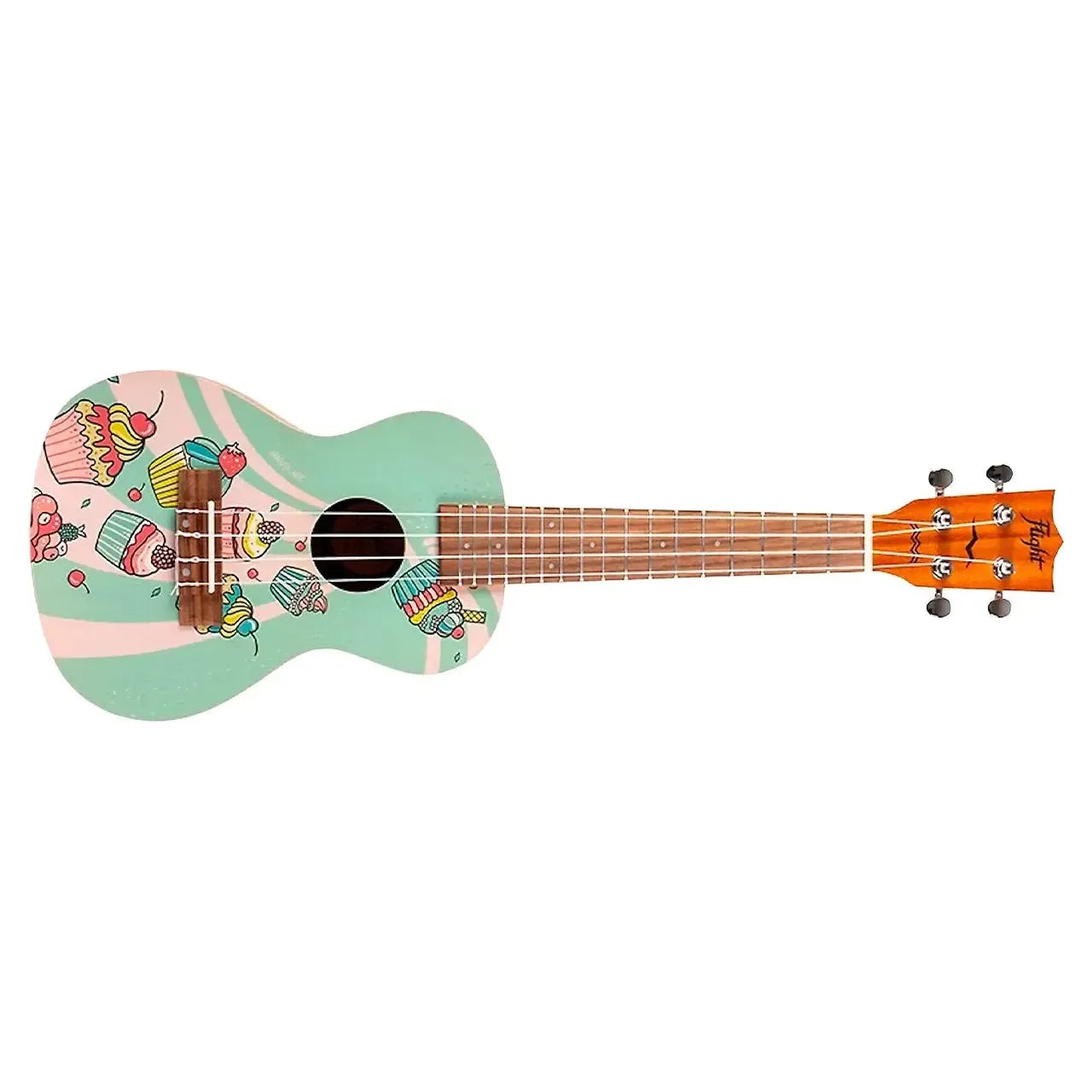 Flight AUC-33 Cupcake Concert Ukulele with mint green and pink body, colorful cupcake art.
