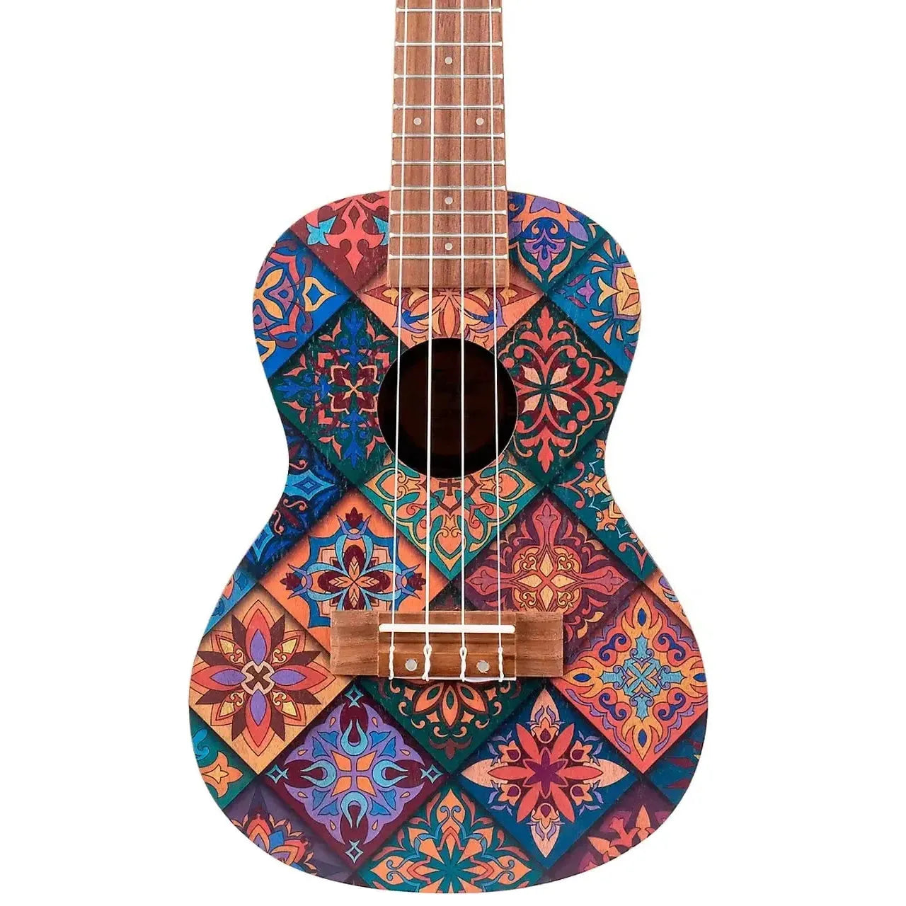 Flight AUC-33 Art Series Fusion Concert Ukulele with colorful, mosaic-patterned body and mahogany neck.