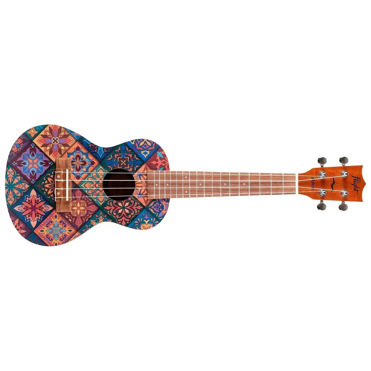 Flight AUC-33 Art Series Fusion Concert Ukulele with colorful, mosaic-patterned body and mahogany neck.