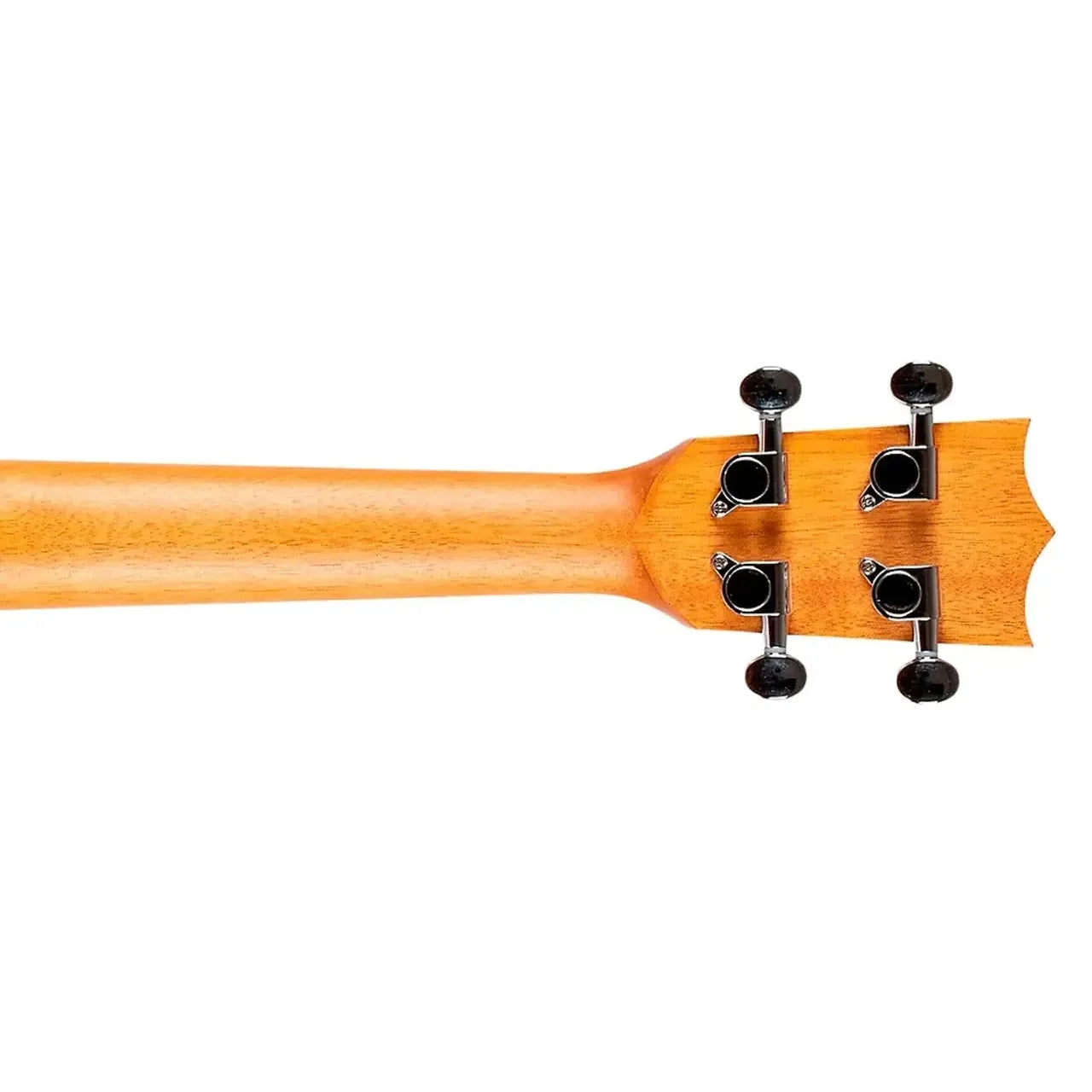Back of Flight AUC-33 Fusion Concert Ukulele neck and headstock with mahogany finish and black tuning pegs.