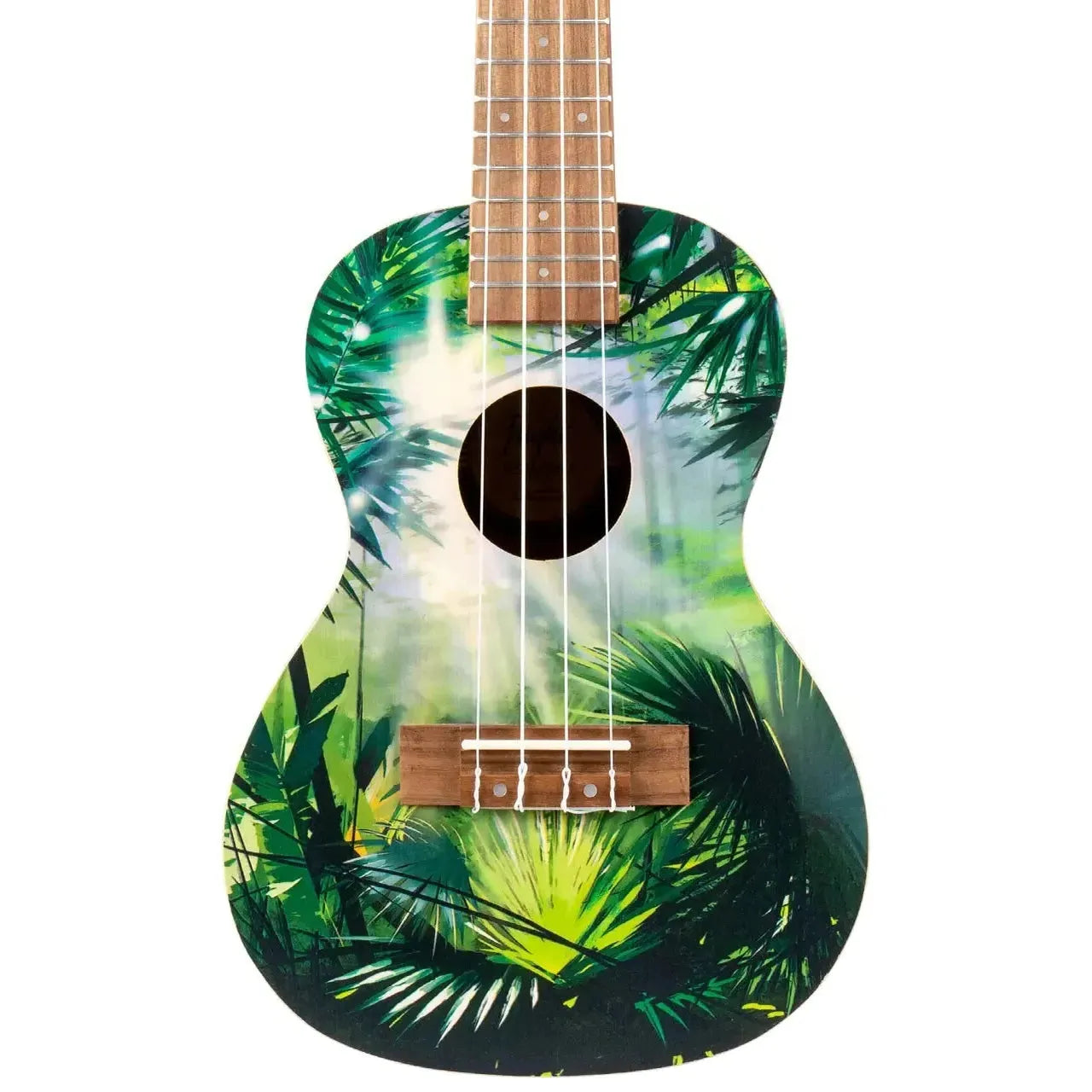 Flight AUC-33 Jungle Concert Ukulele with a vibrant green tropical leaf design and light wood neck.