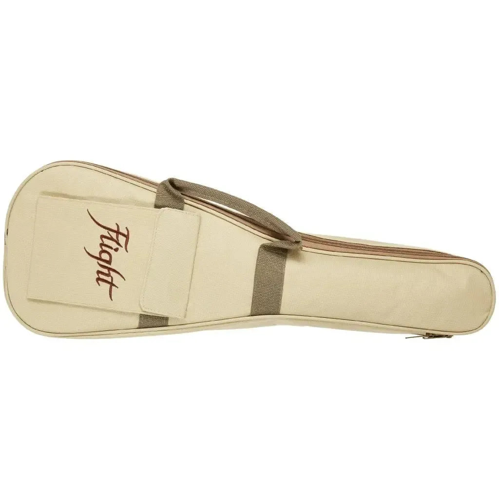 Flight padded gig bag for a concert ukulele, light beige with brown trim and "Flight" logo.