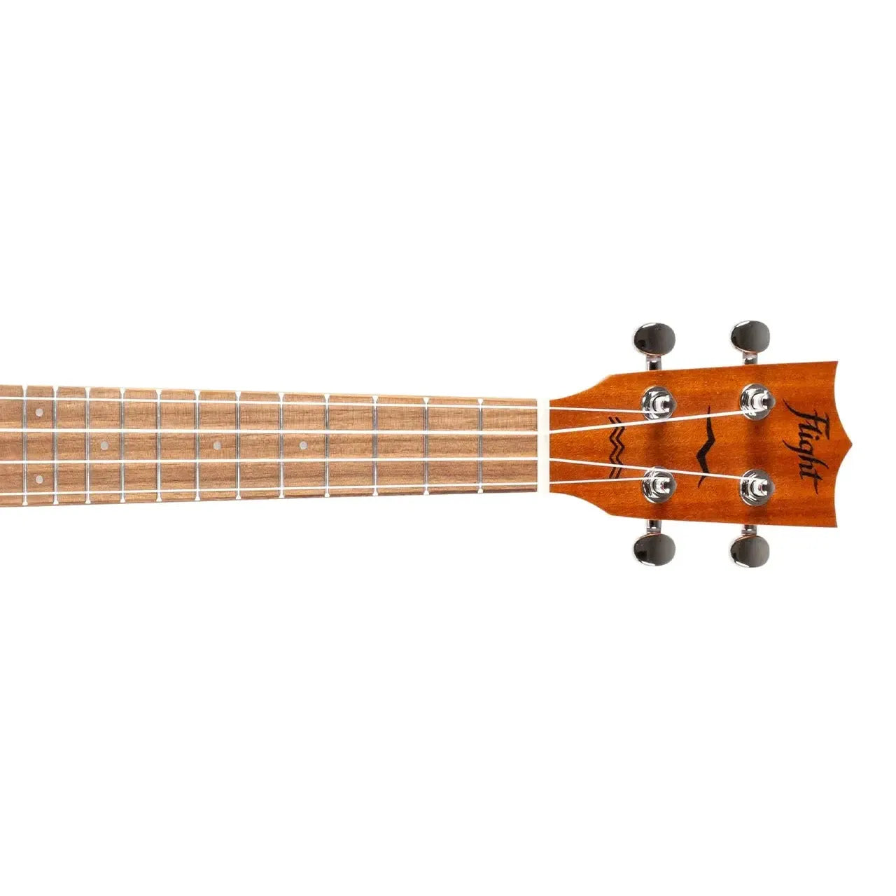 Flight AUC-33 Jungle Concert Ukulele headstock and fretboard, showing mahogany wood and tuning pegs.