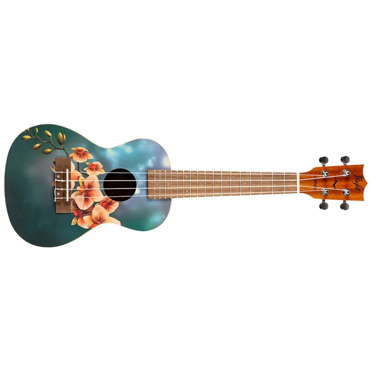 Flight AUC-33 Art Series Orchid Concert Ukulele with a teal body and orange floral design.