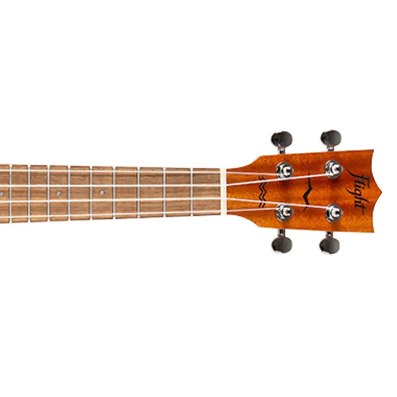 Flight AUC-33 Orchid Concert Ukulele headstock and fretboard, showing tuning pegs and logo.