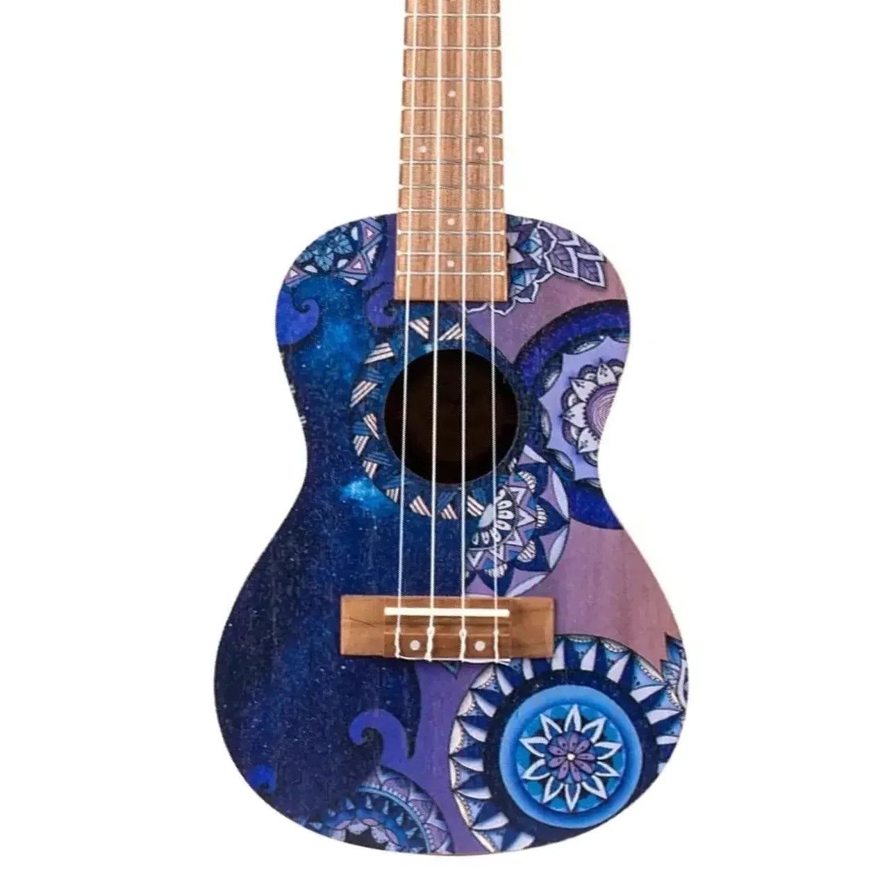 Flight AUC-33 Stardust Concert Ukulele with blue and purple mandala art design.