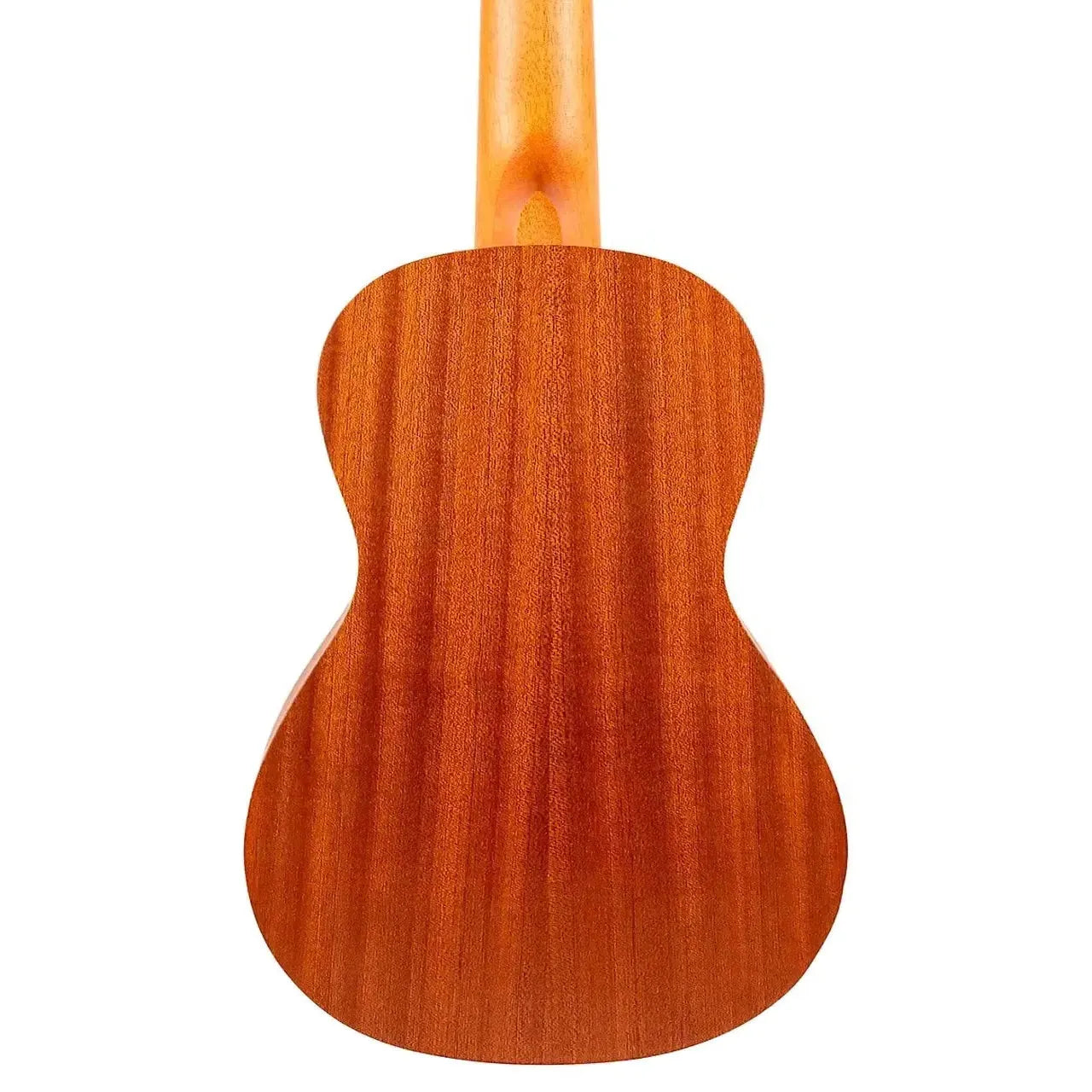 Back of a Flight AUC-33 Stardust Concert Ukulele, showing its warm laminate mahogany wood grain.