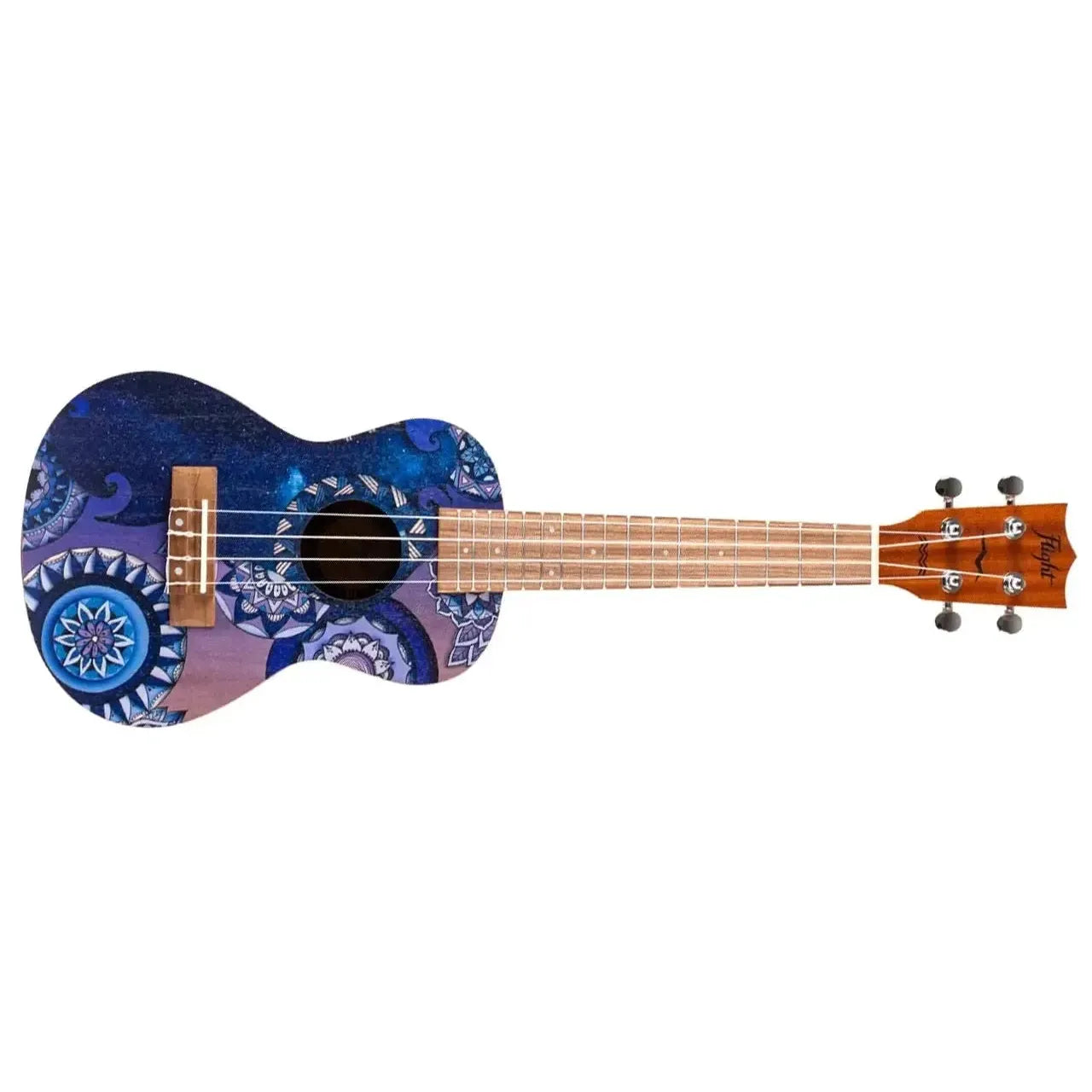 Flight AUC-33 Stardust Concert Ukulele with blue and purple mandala art, spruce top, and mahogany back.