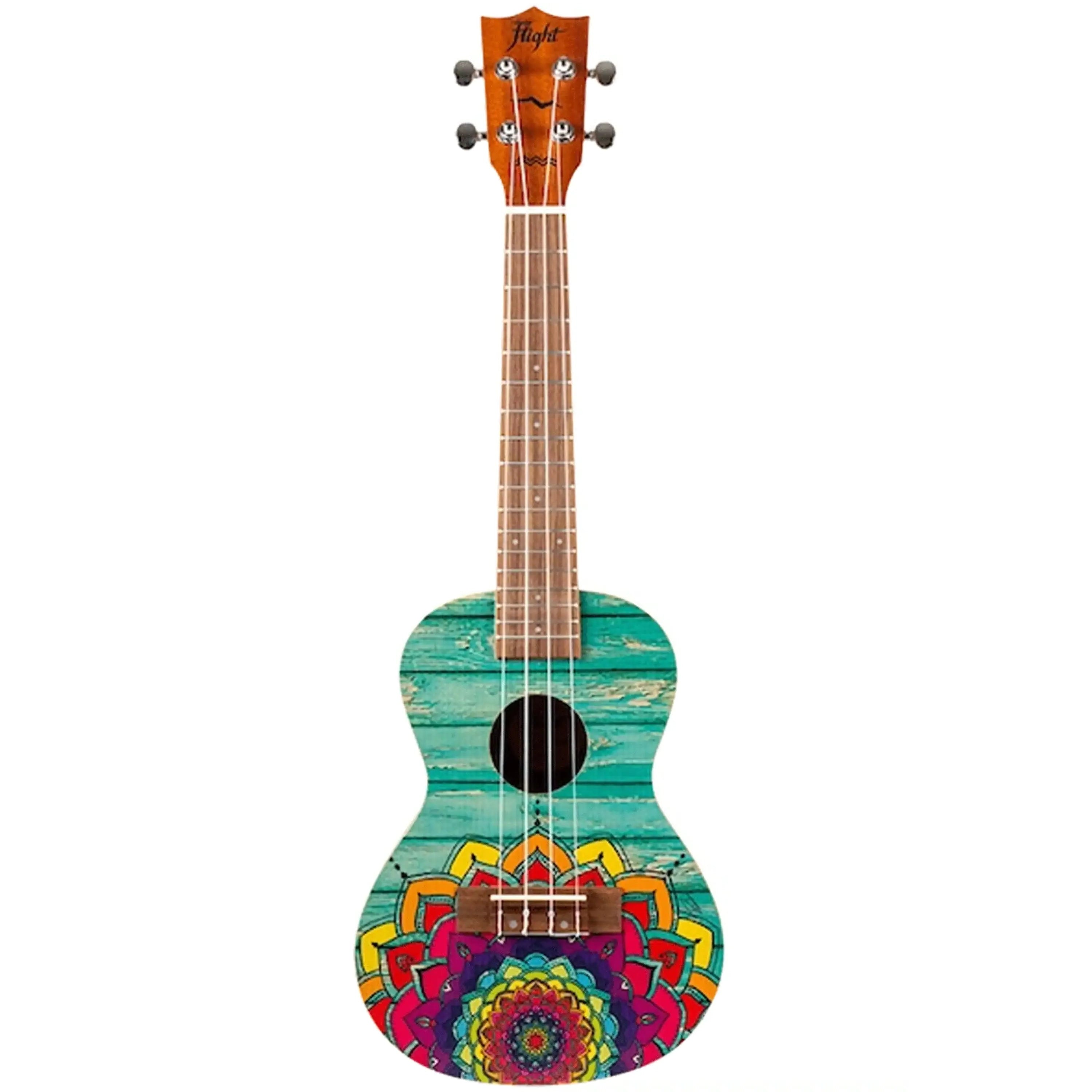 Flight AUC-33 Mansion Concert Ukulele with vibrant teal wood pattern and colorful mandala design.