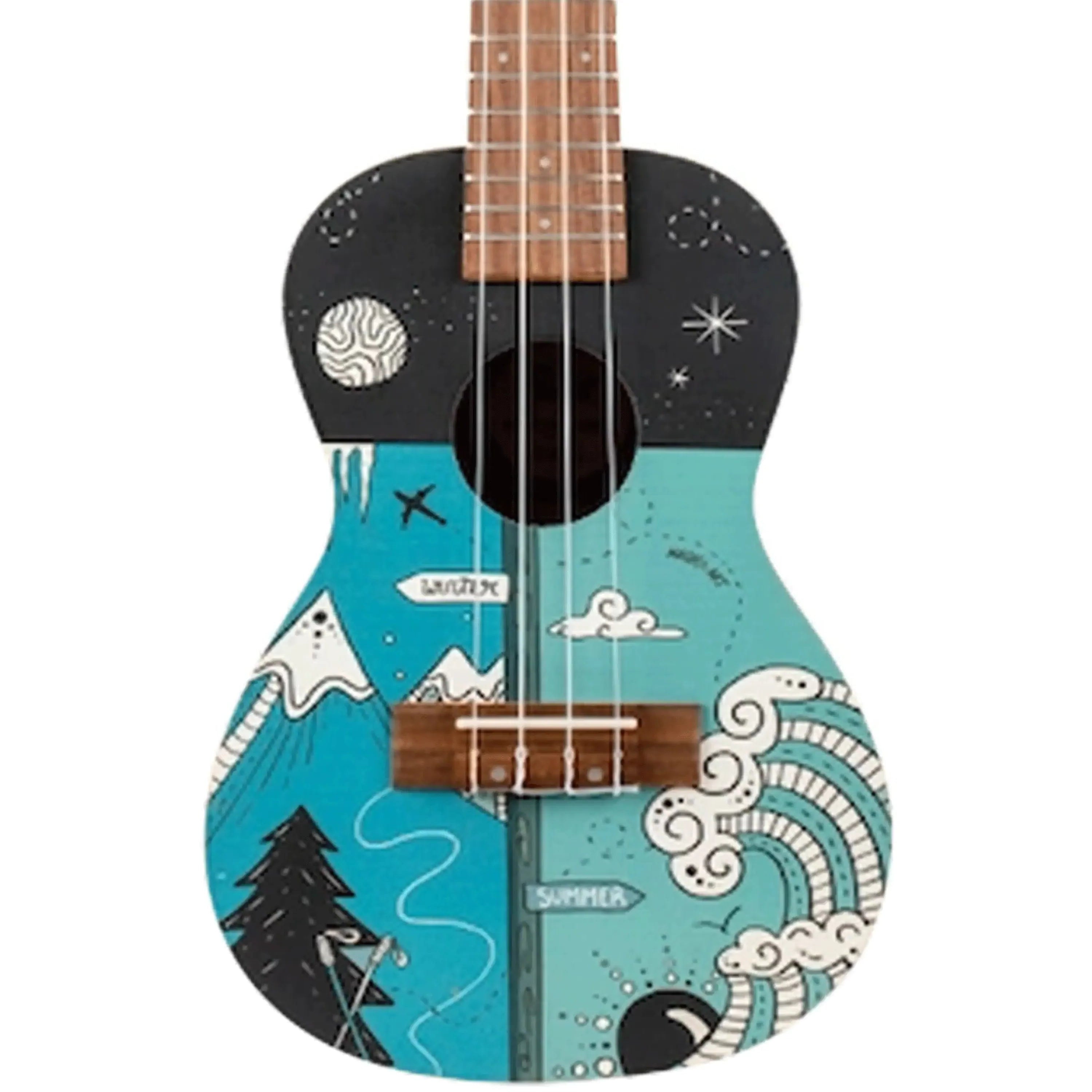 Flight AUC-33 Two Seasons Concert Ukulele with blue summer and black winter art, walnut fretboard.