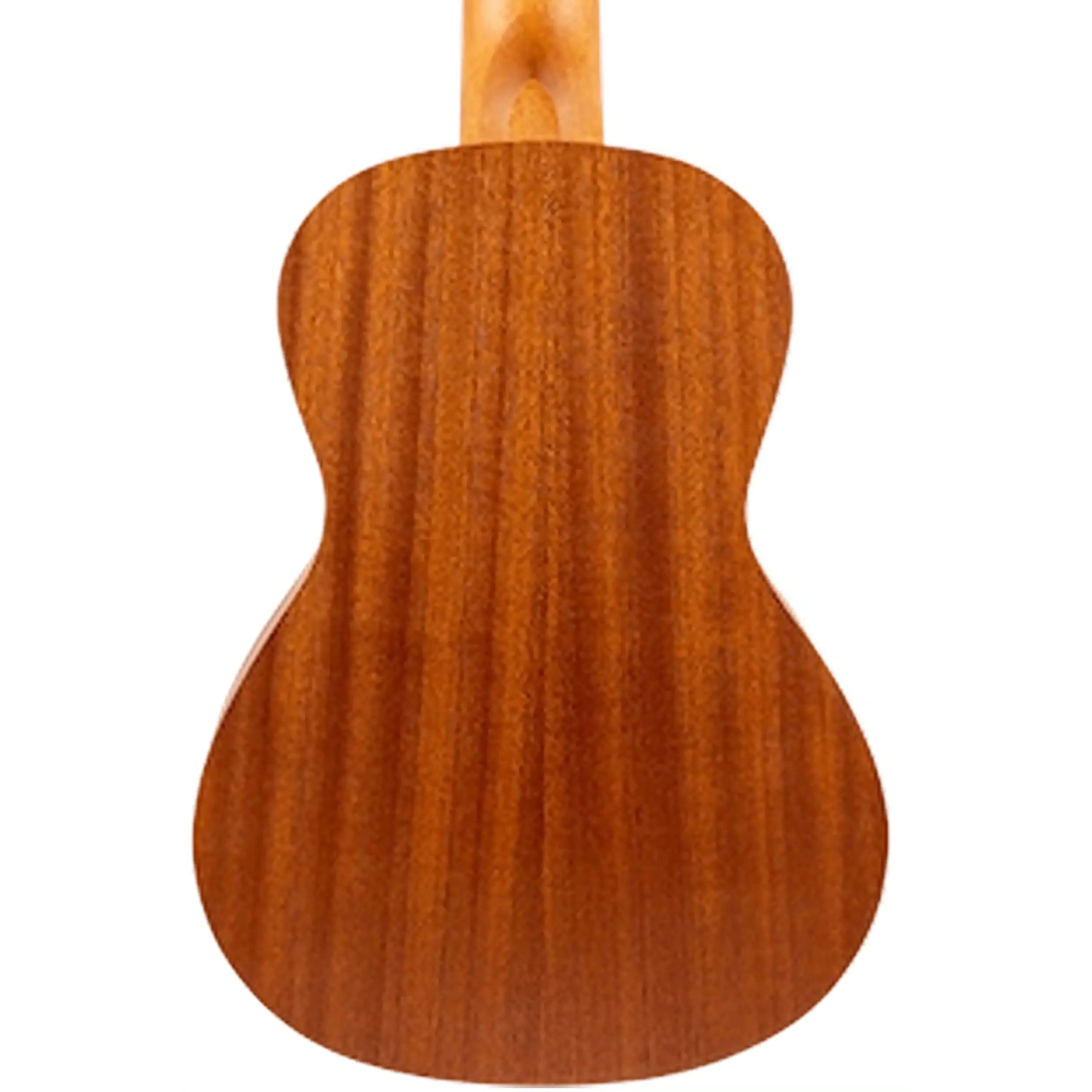 Flight AUC-33 Concert Ukulele's arched mahogany back with a natural wood grain finish.