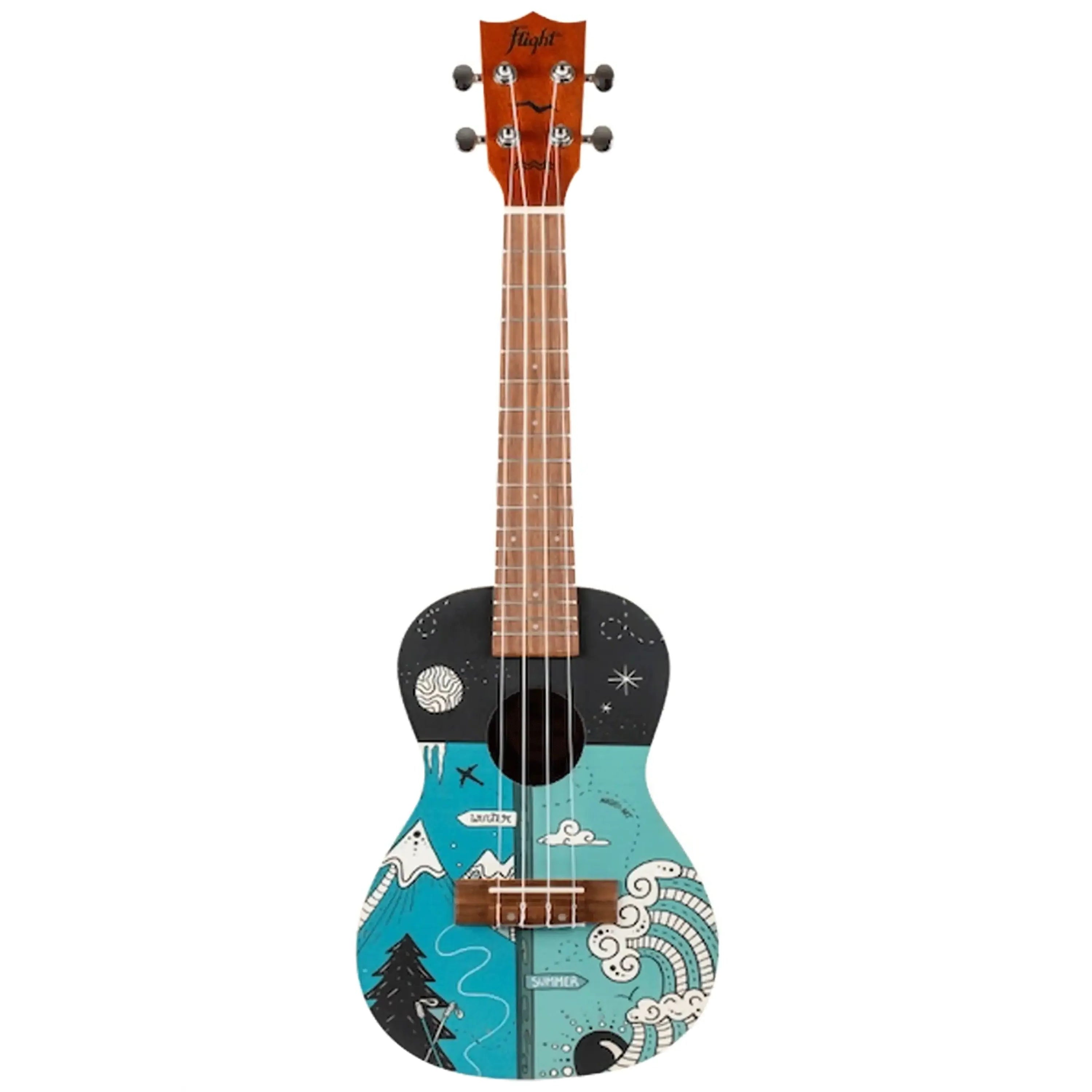 Flight AUC-33 Two Seasons Concert Ukulele with blue, black, and white Macuco.art summer and winter design.